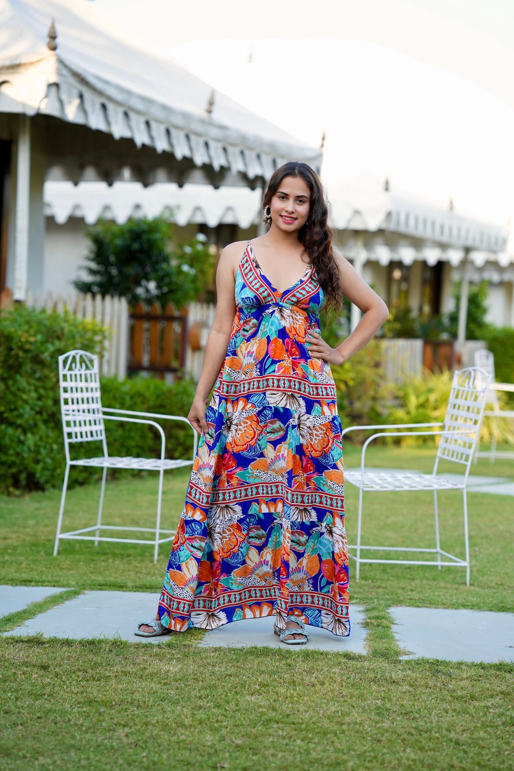 Multi Panel Boho Printed Maxi Dress - Blue Patel