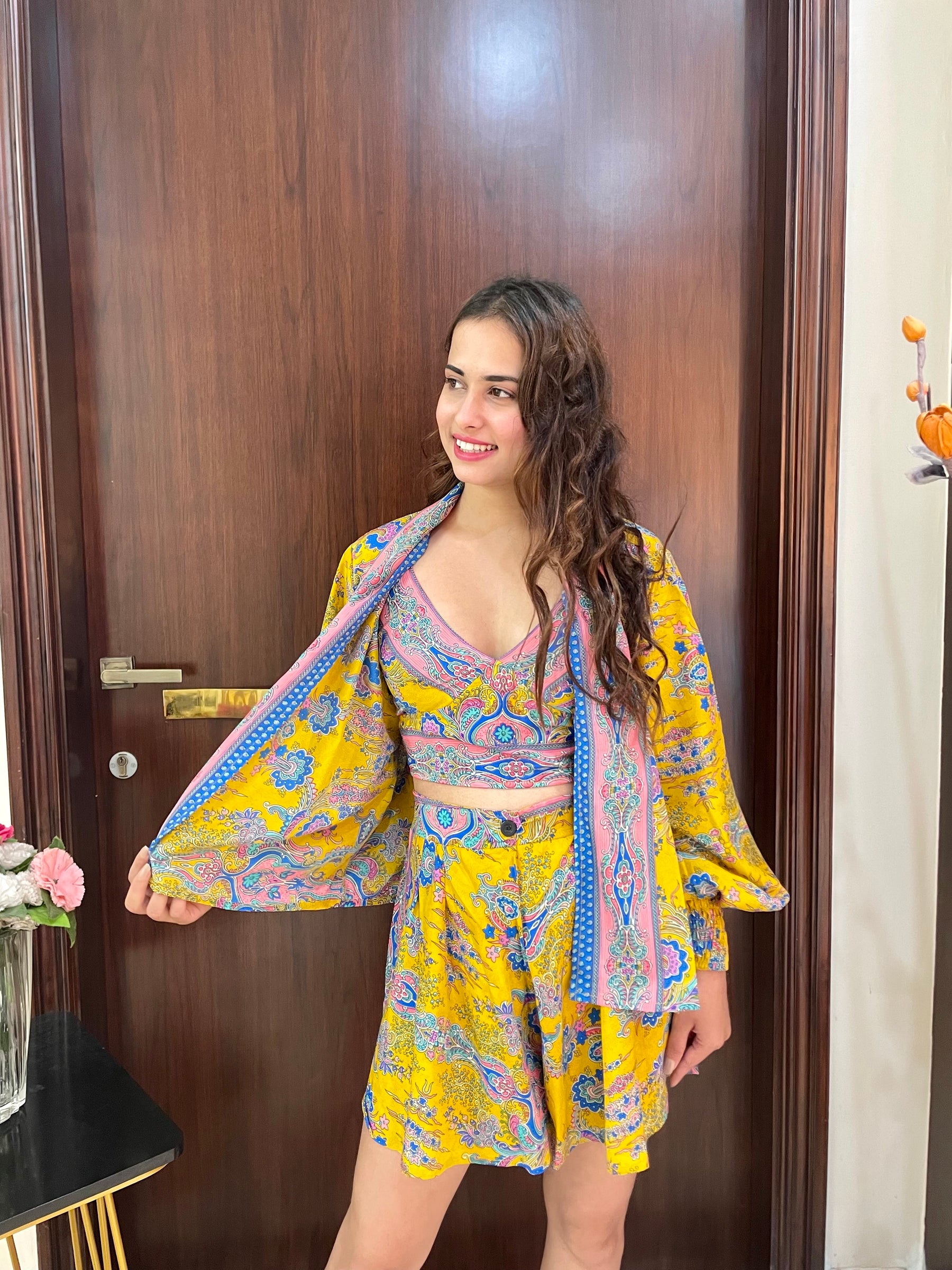 Puff Sleeves Kimono and Shorts Coordinate Set (3 Piece)- Lemon Zest Chic