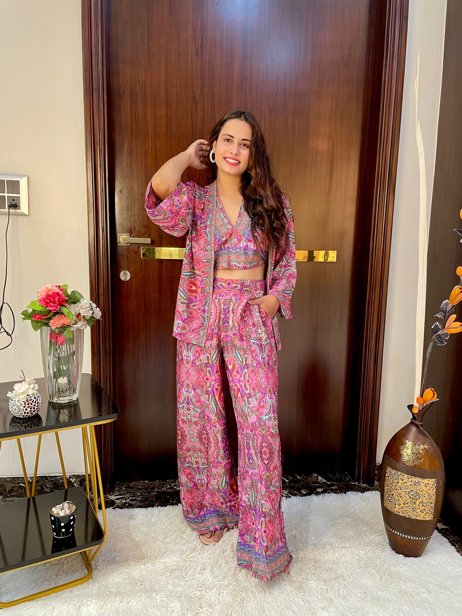 Boho Printed Bell Sleeves Kimono Coordinate Set - Rosy Blush