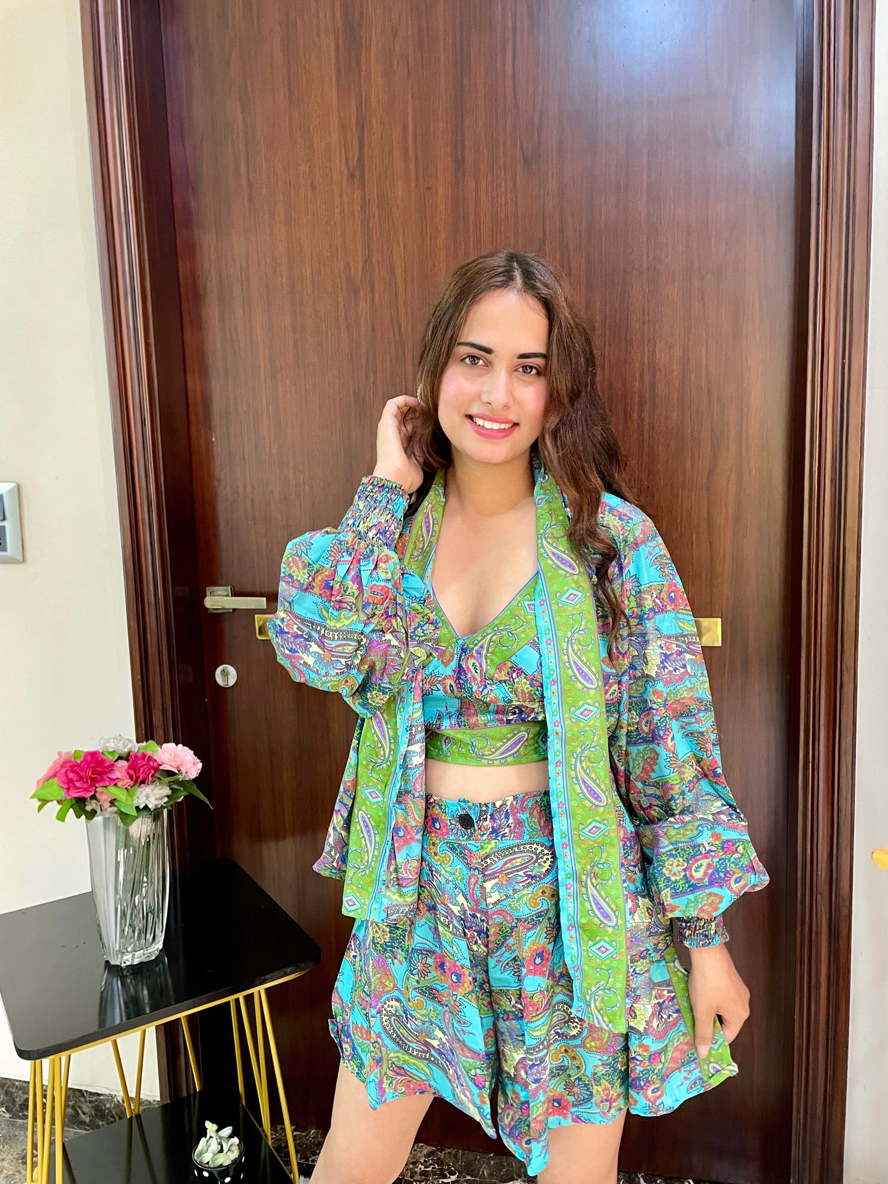Puff Sleeves Kimono and Shorts Coordinate Set (3 Piece)- Tropical Teal