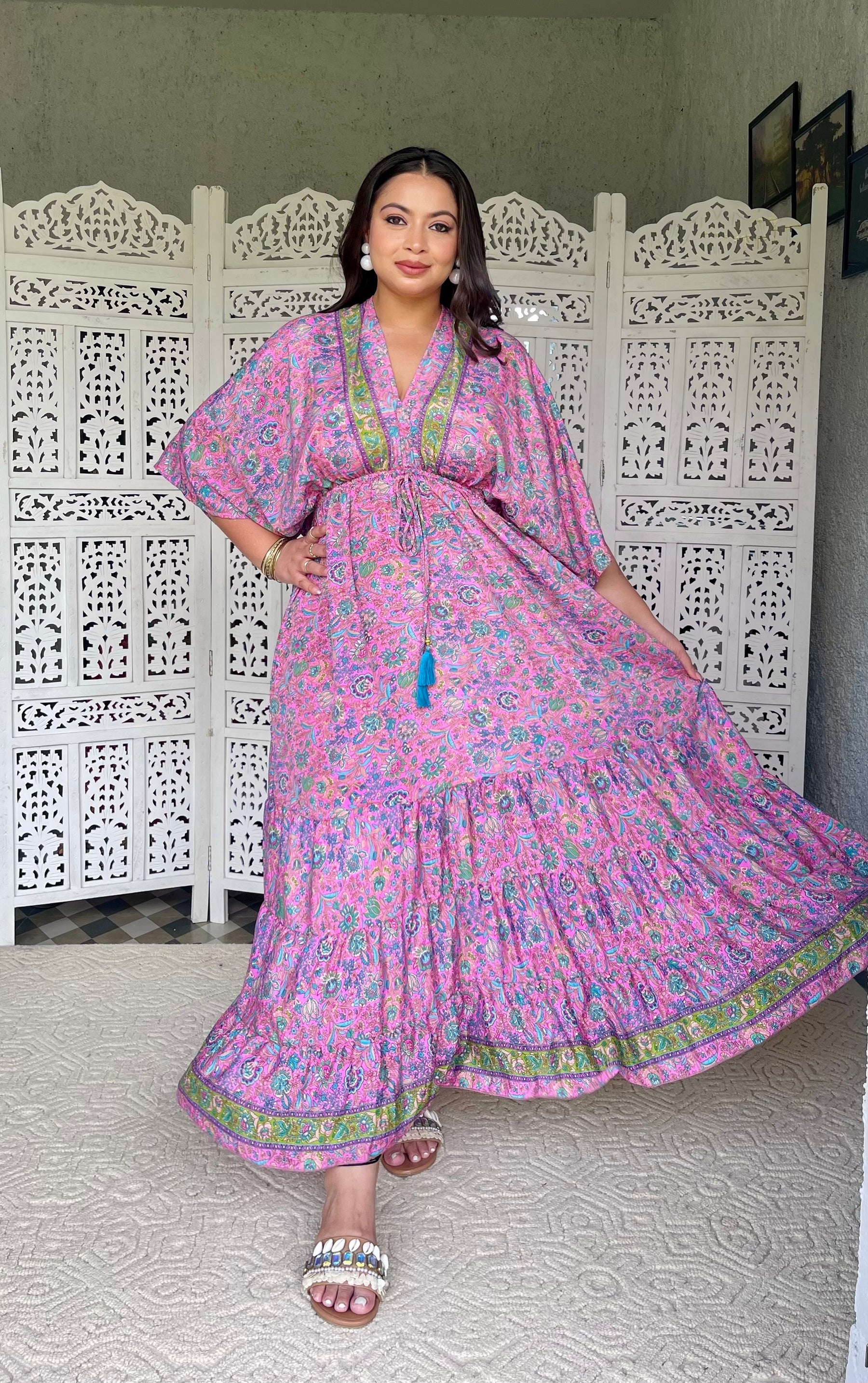 SmisingBee Curve Kaftan Pattern Boho Printed Maxi Dress - Pink Petal