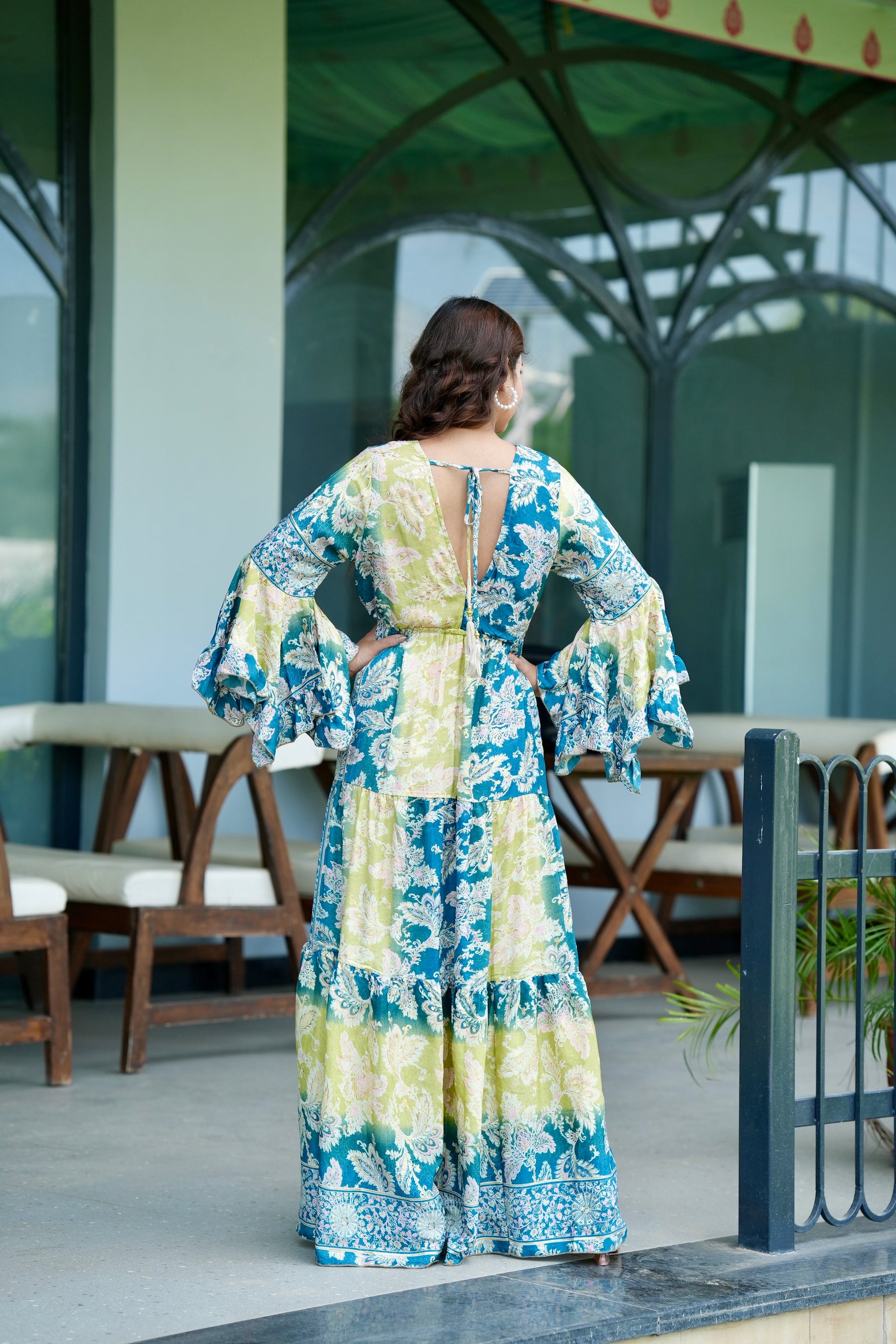 Ruffle Sleeves Boho Maxi Dress- Aqua Meadow SmisingBee