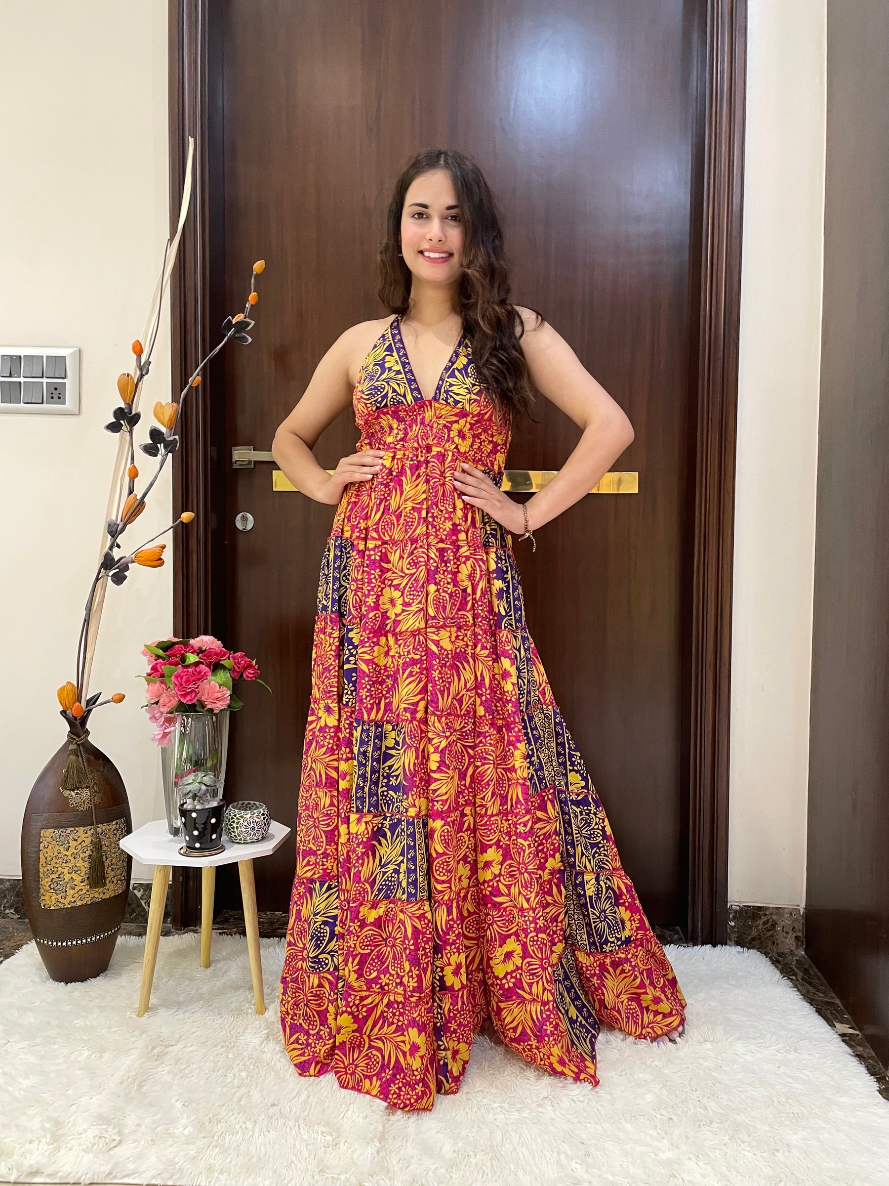 Halter Neck Multi Panel Boho printed Maxi Dress In Red and Blue