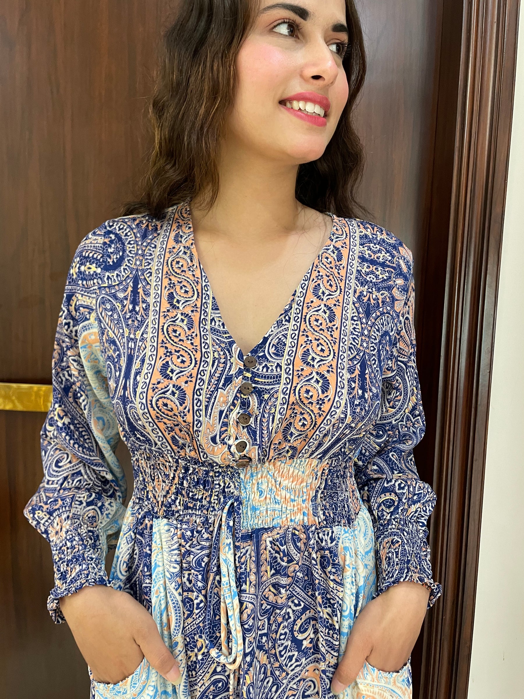 Two shade full sleeves gold(foil)print featured boho maxi dress - Smisingbee