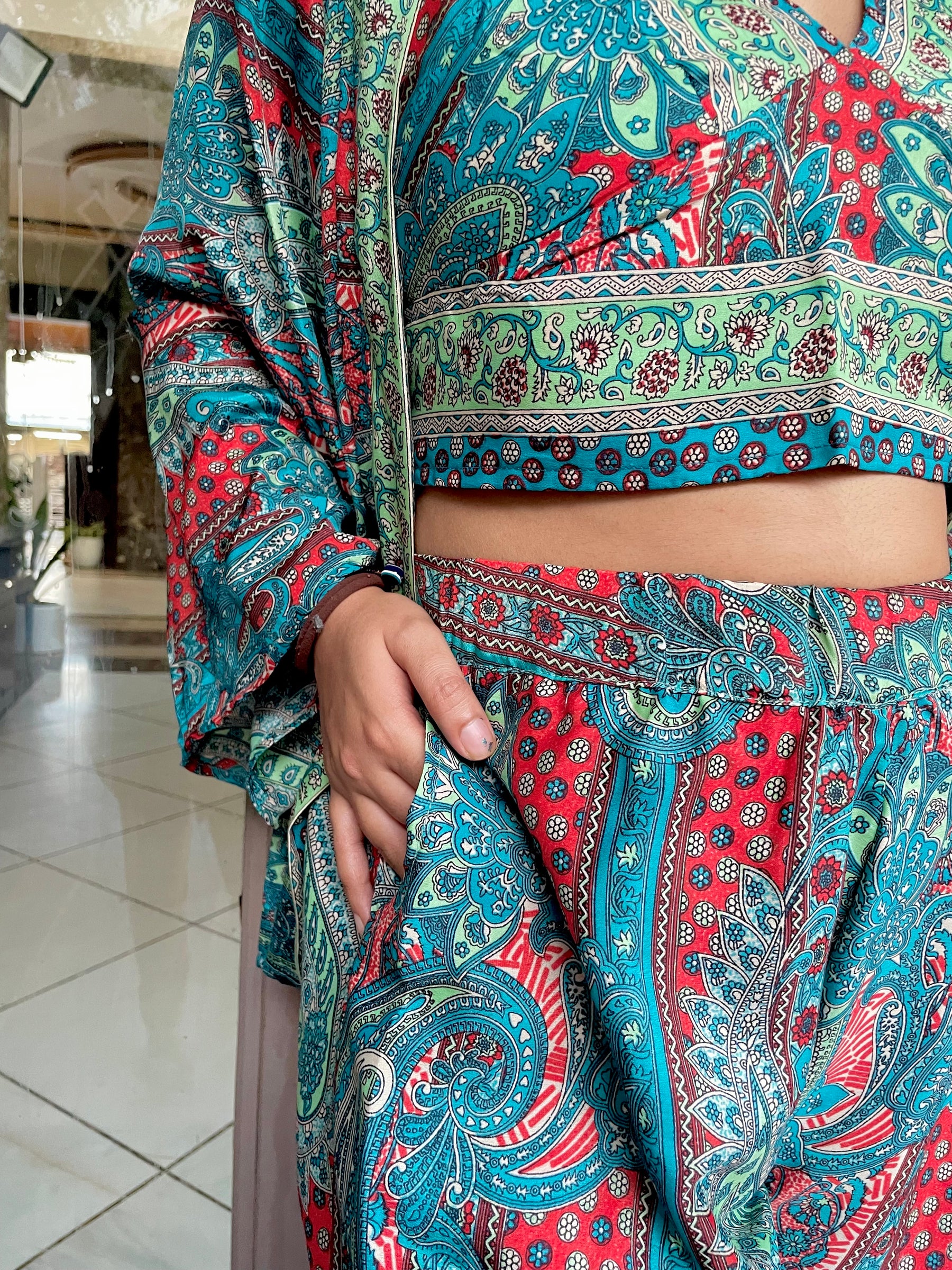 Boho Printed Bell Sleeves Kimono Coordinate Set - Deep Seaglass
