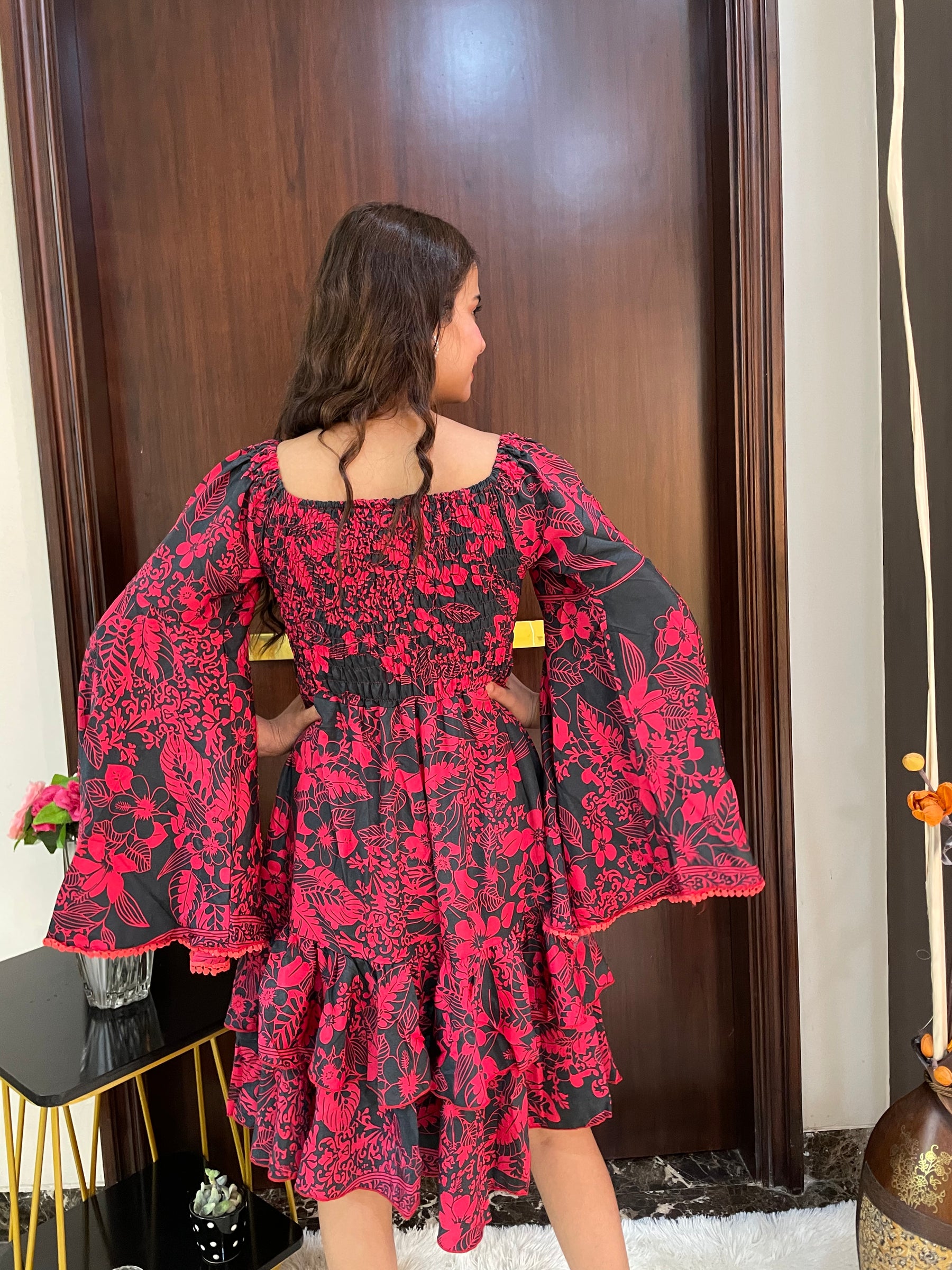 Elasticated Bust Bell Sleeves Boho Printed Short Dress - Red