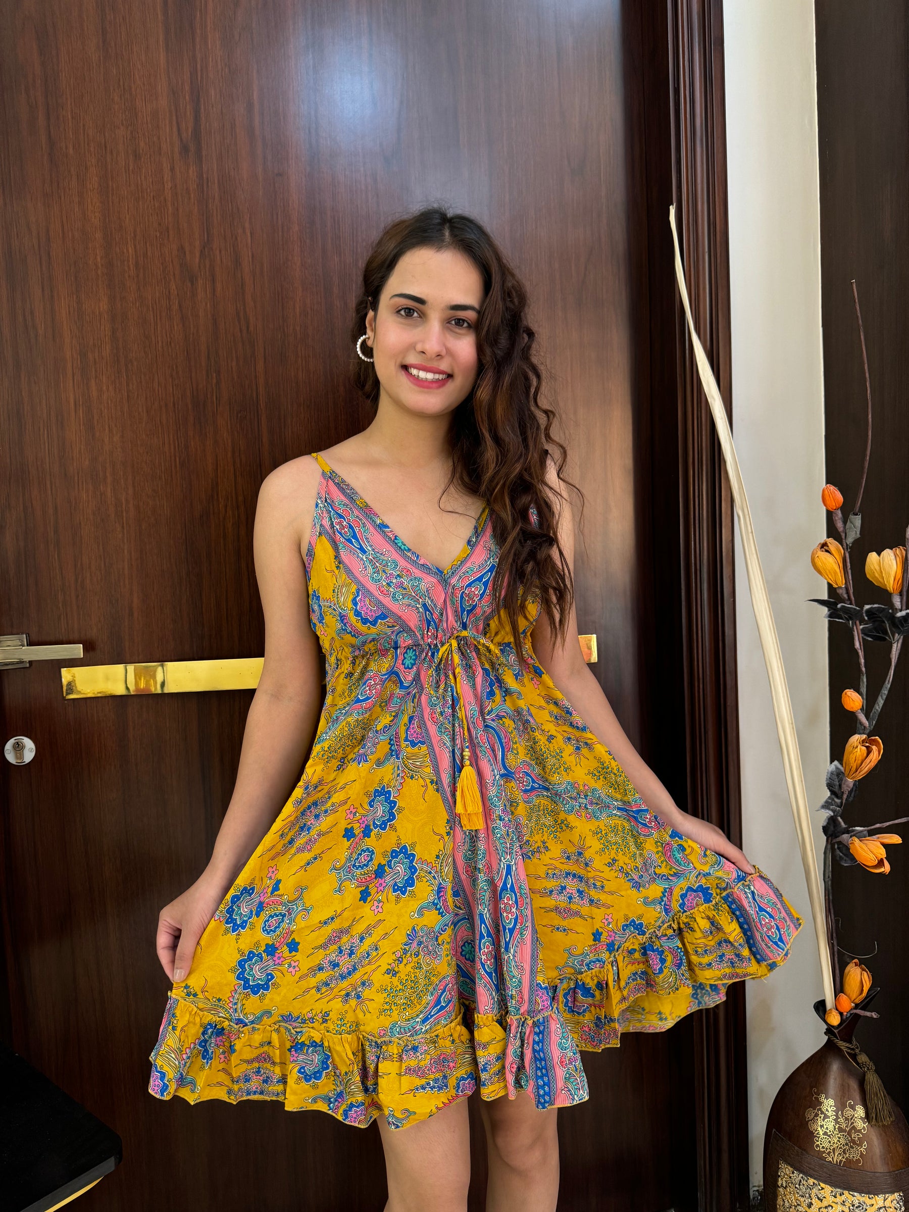 Frilled Flair Back Boho Printed Short Dress-Sunshine Yellow SmisingBee