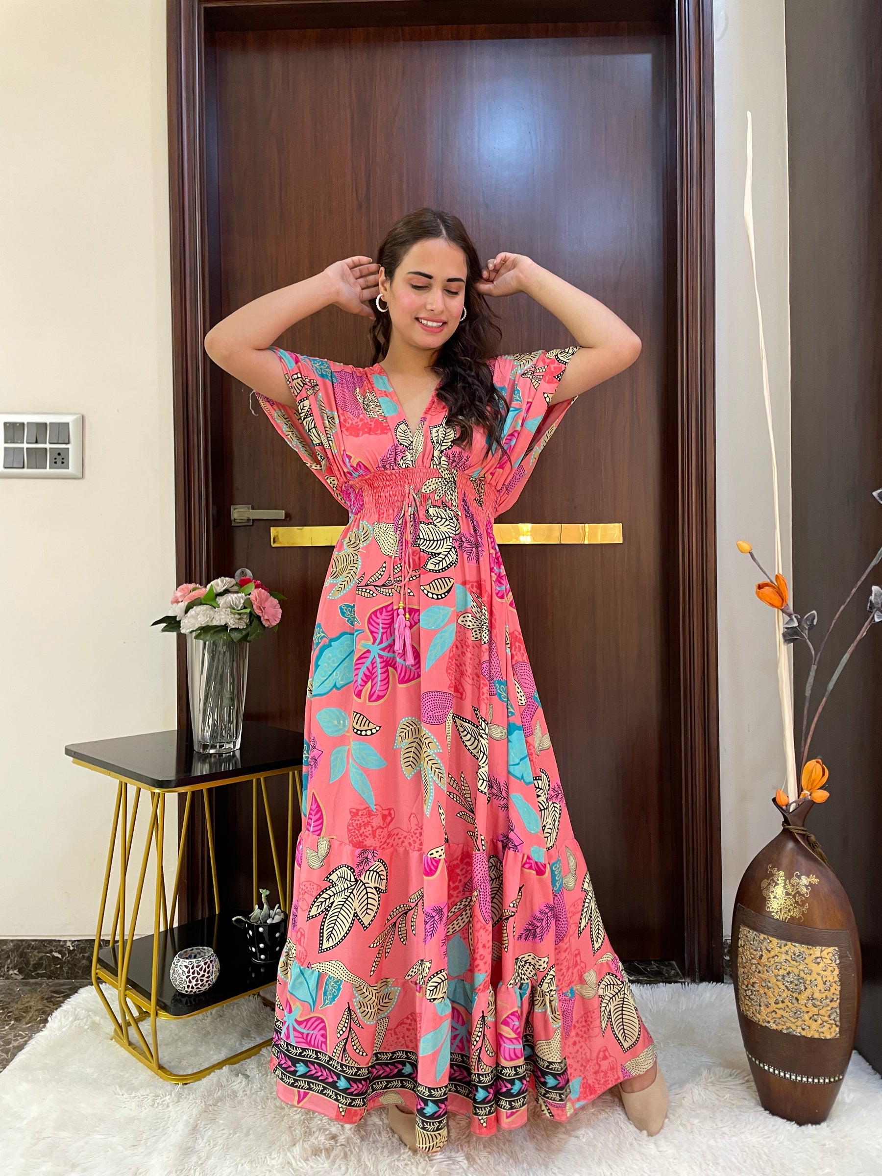 Balloon Pattern Boho Printed Maxi Dress - Peach Punk