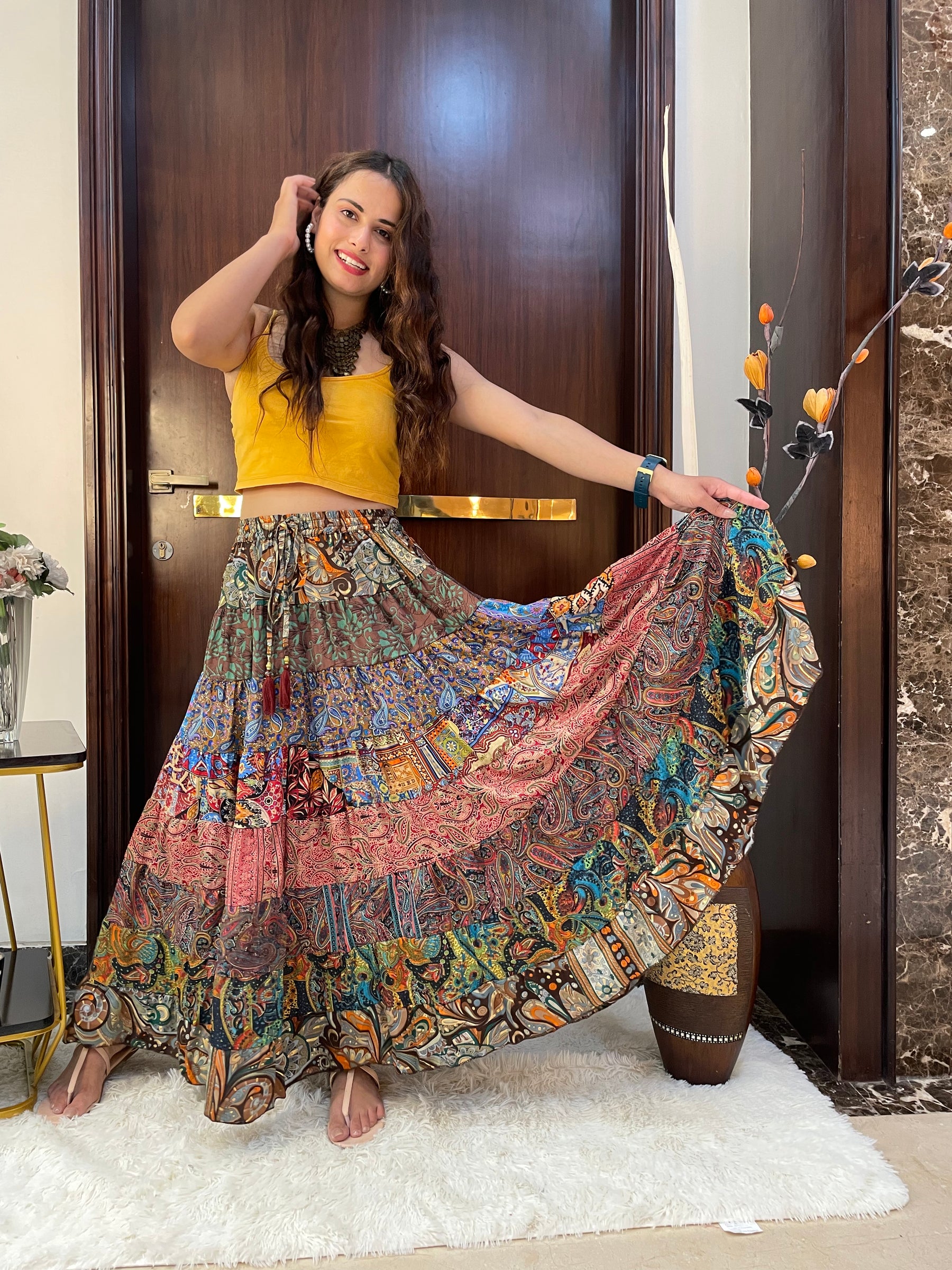Multi Panel Boho Printed Long Skirt - Chromatic Nightfall