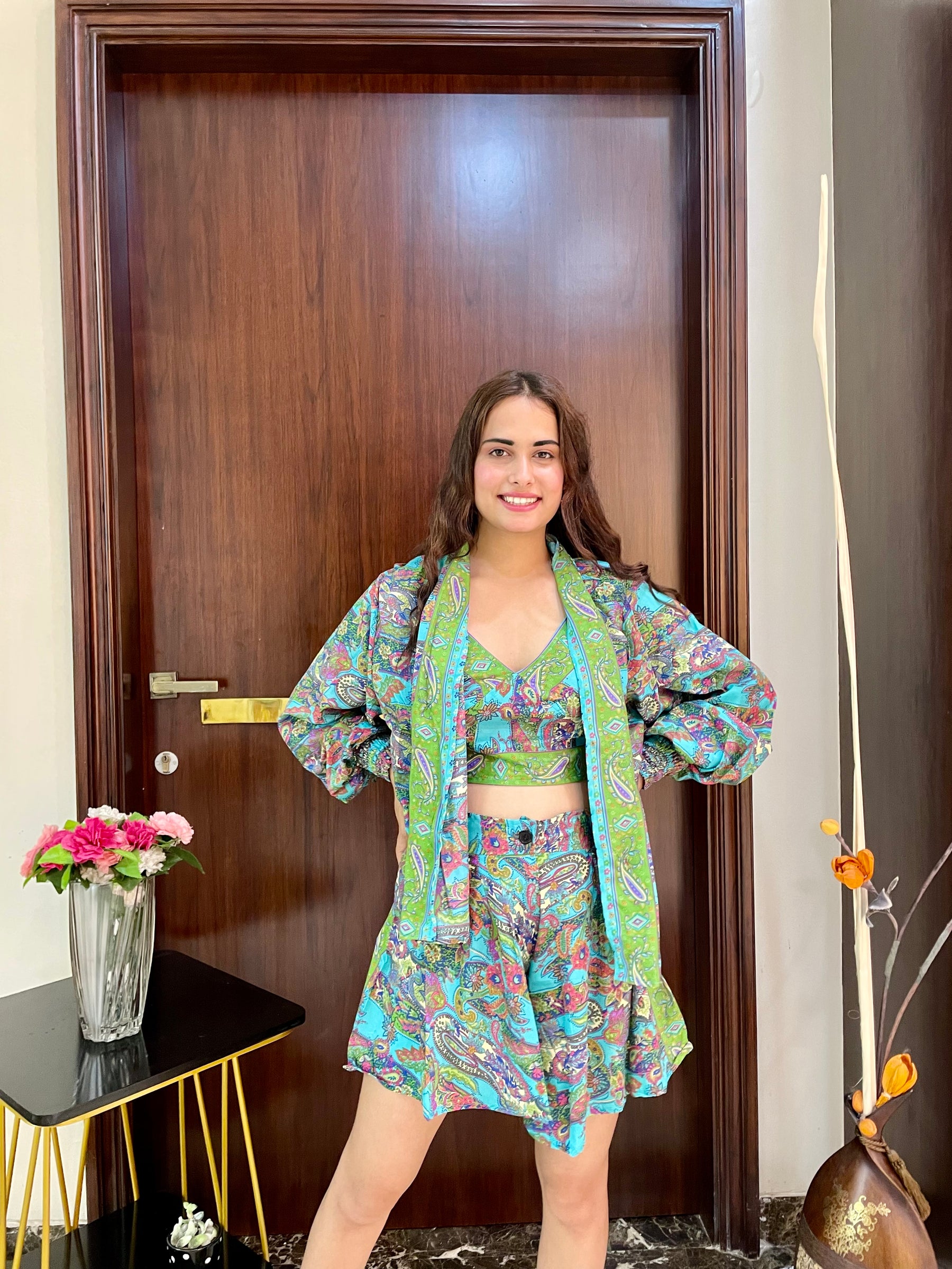 Puff Sleeves Kimono and Shorts Coordinate Set (3 Piece)- Tropical Teal