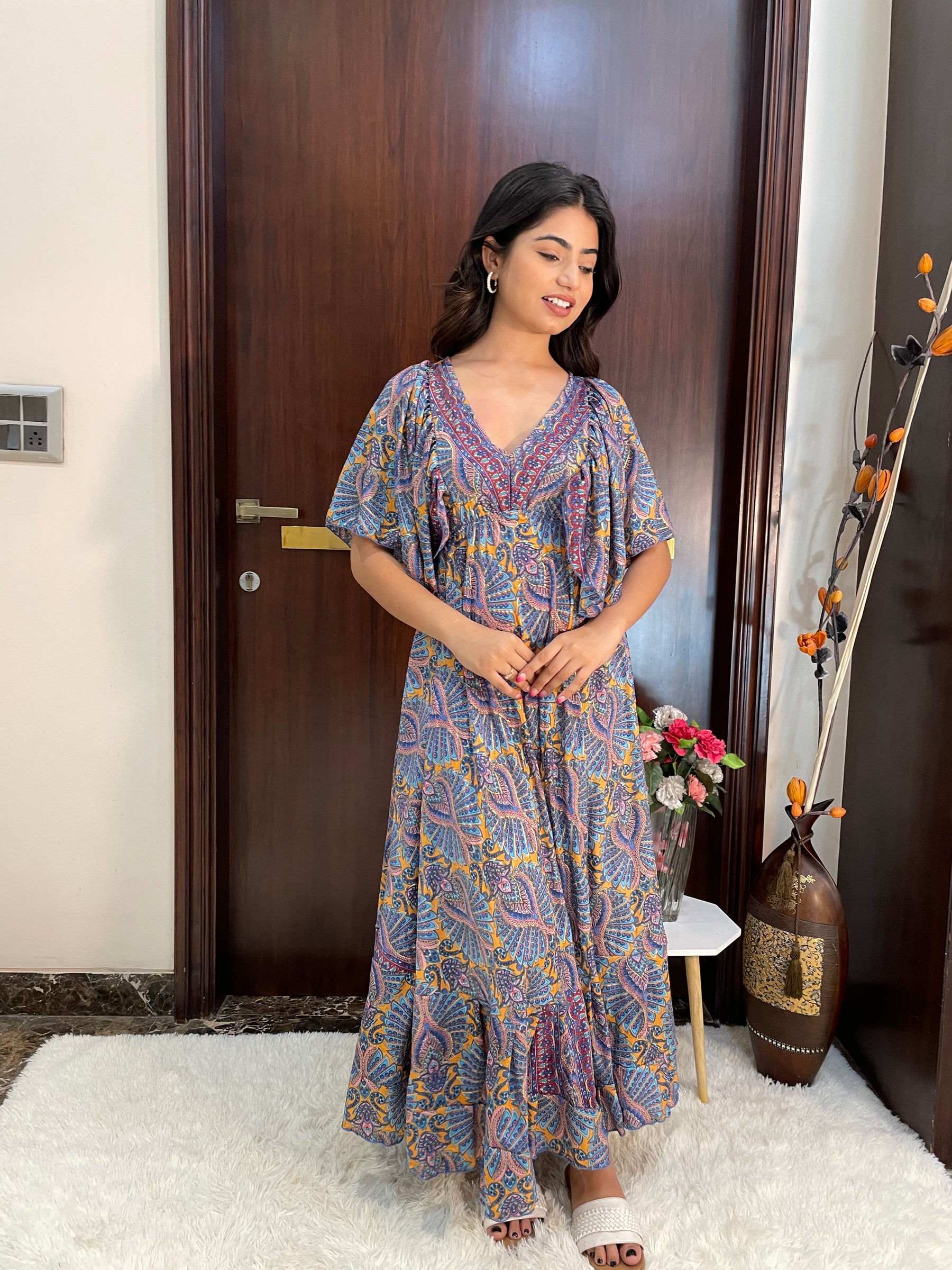 Deep V neck gold (foil) print featured boho maxi dress-Smisingbee