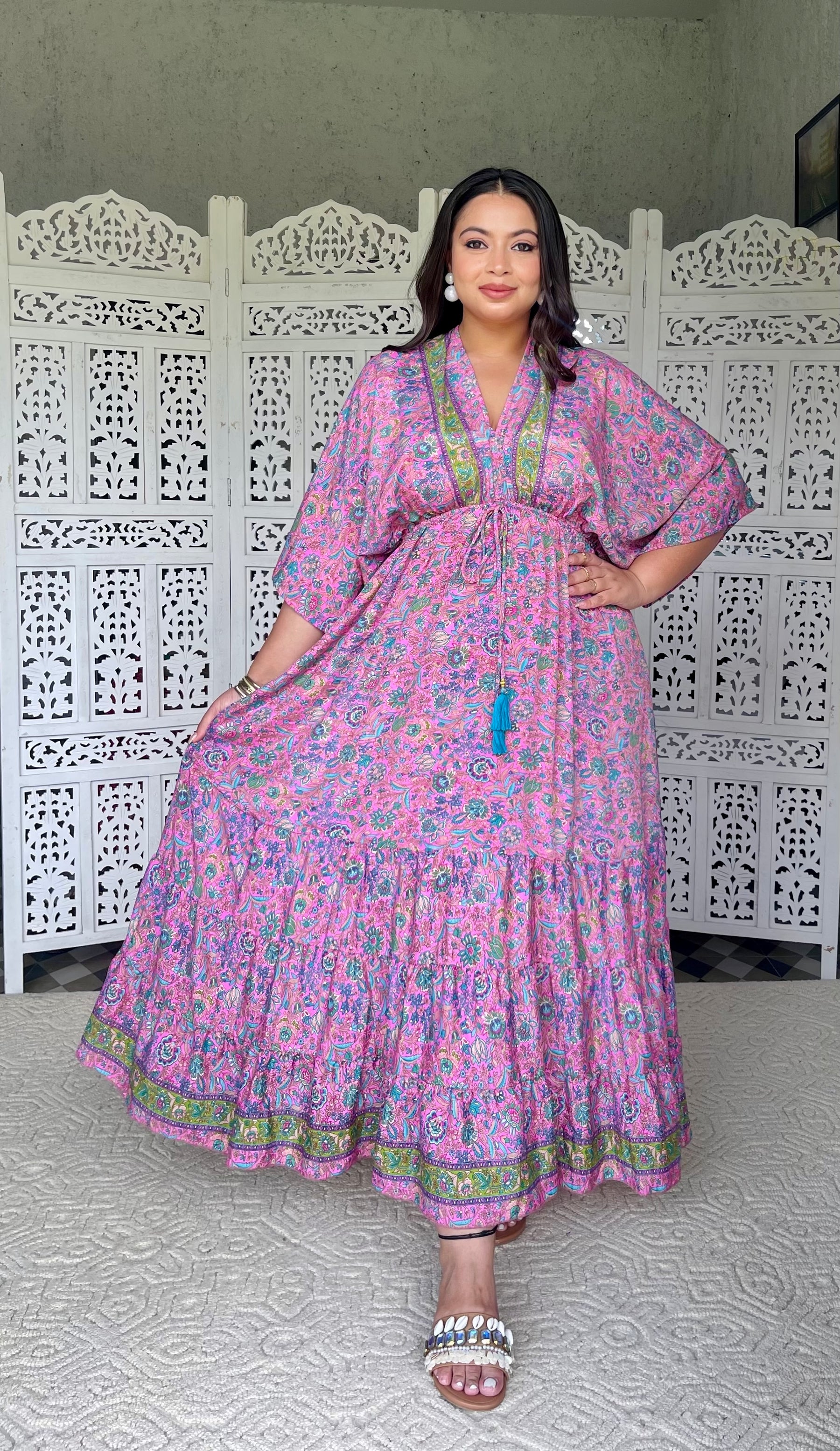 SmisingBee Curve Kaftan Pattern Boho Printed Maxi Dress - Pink Petal