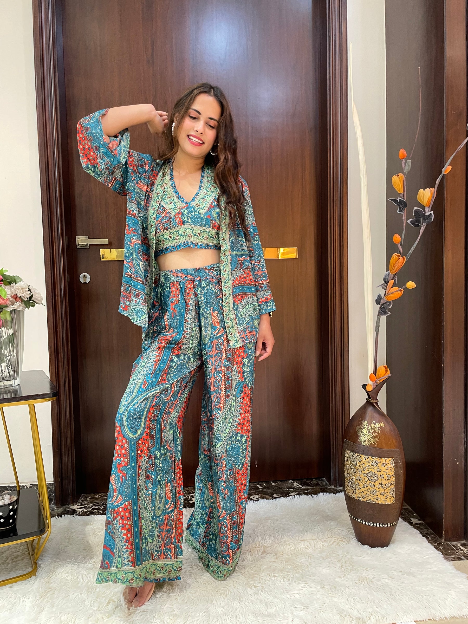 Boho Printed Bell Sleeves Kimono Coordinate Set - Deep Seaglass