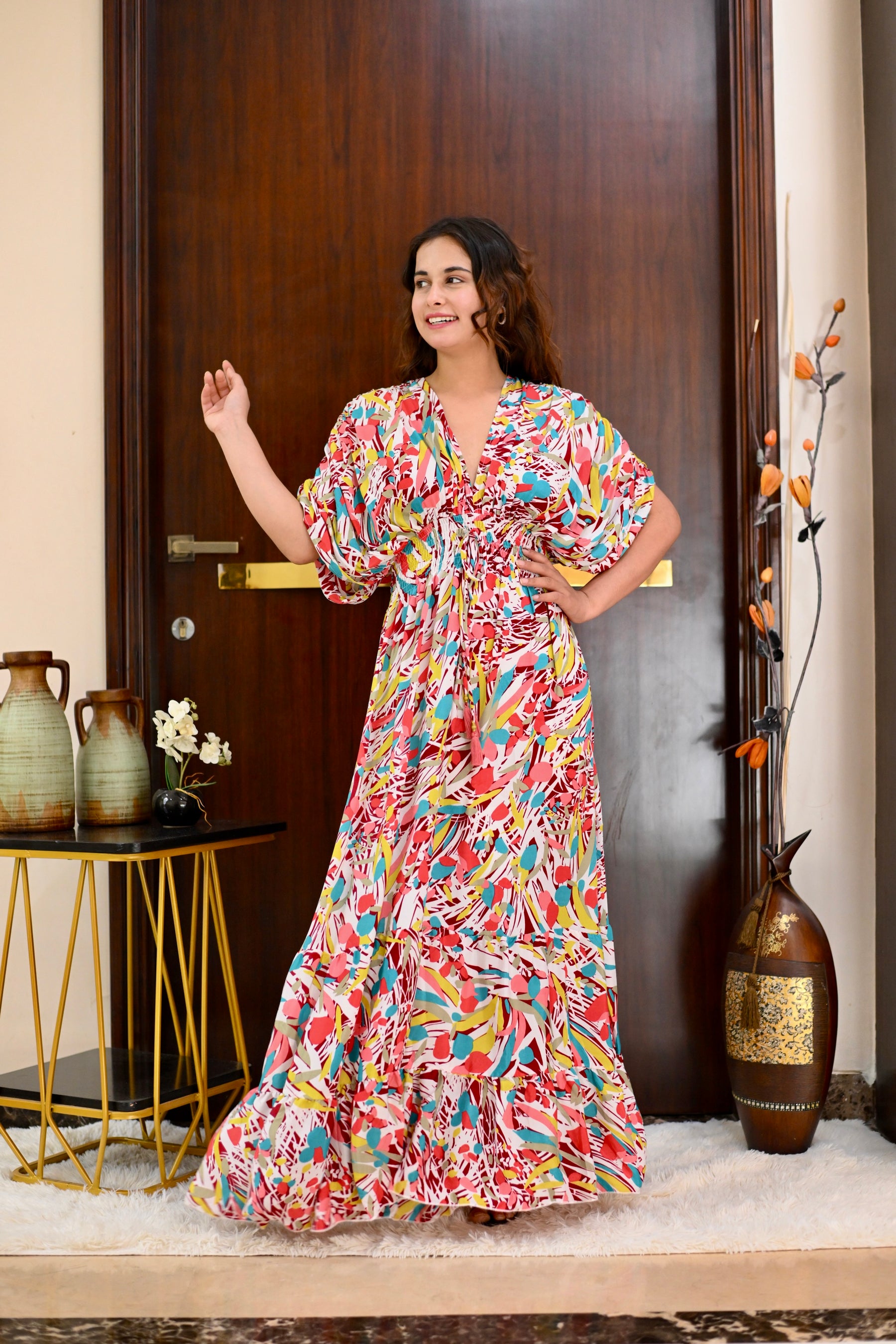 Ballon Pattern Boho Printed Maxi Dress - Rosy Elegance