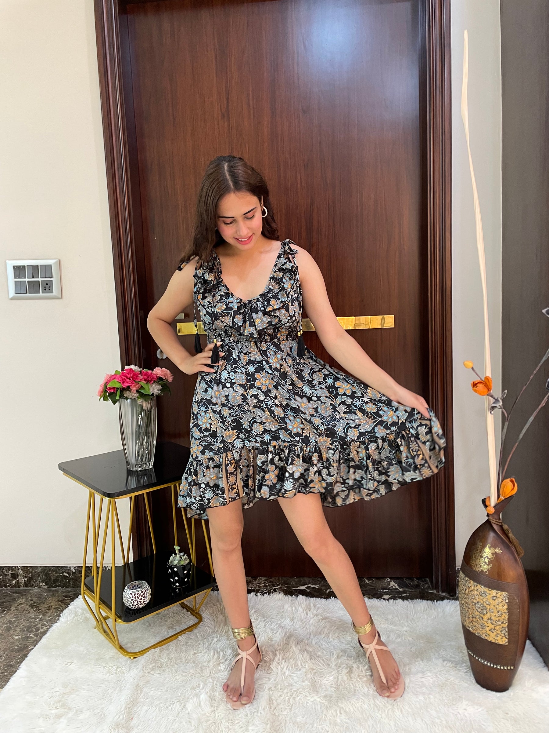 Frilled Flair Boho Printed Short Dress- Black