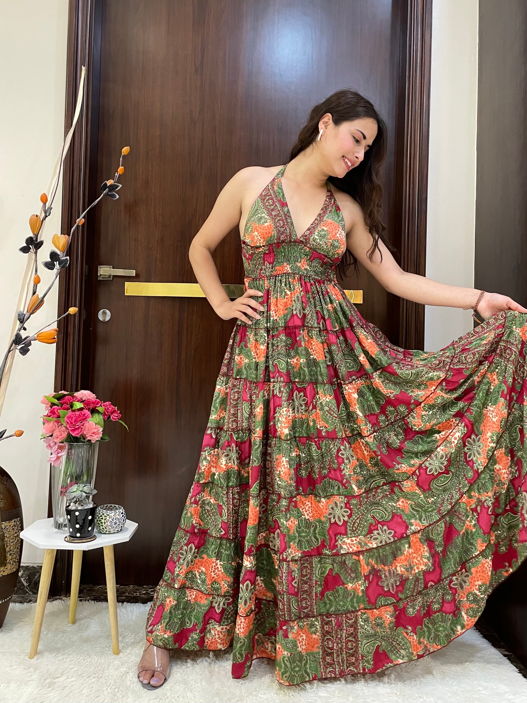 Halter Neck Multi Panel Boho printed Maxi Dress In Red and Green