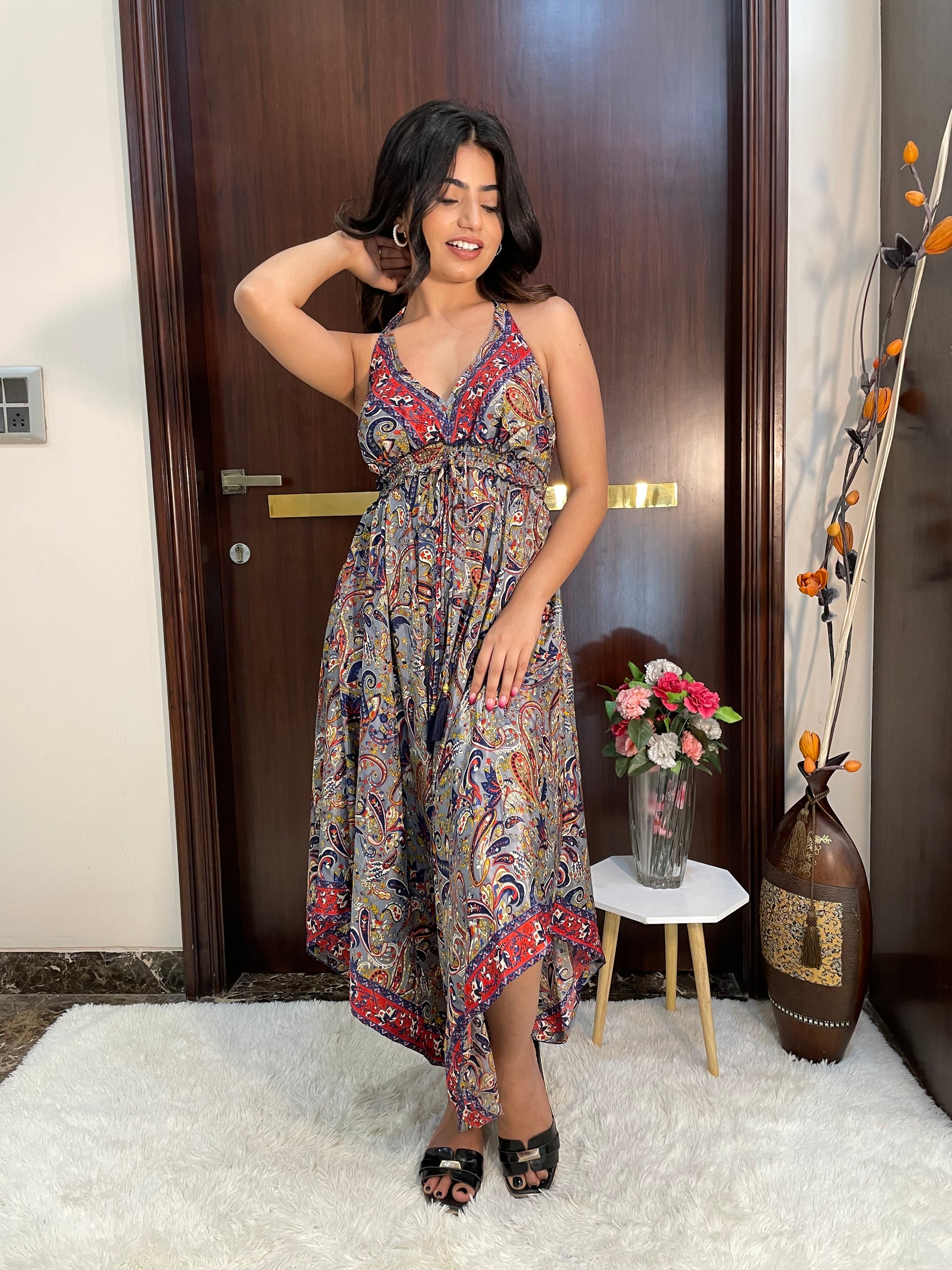 Backless Boho Printed Jumpsuit- Grey