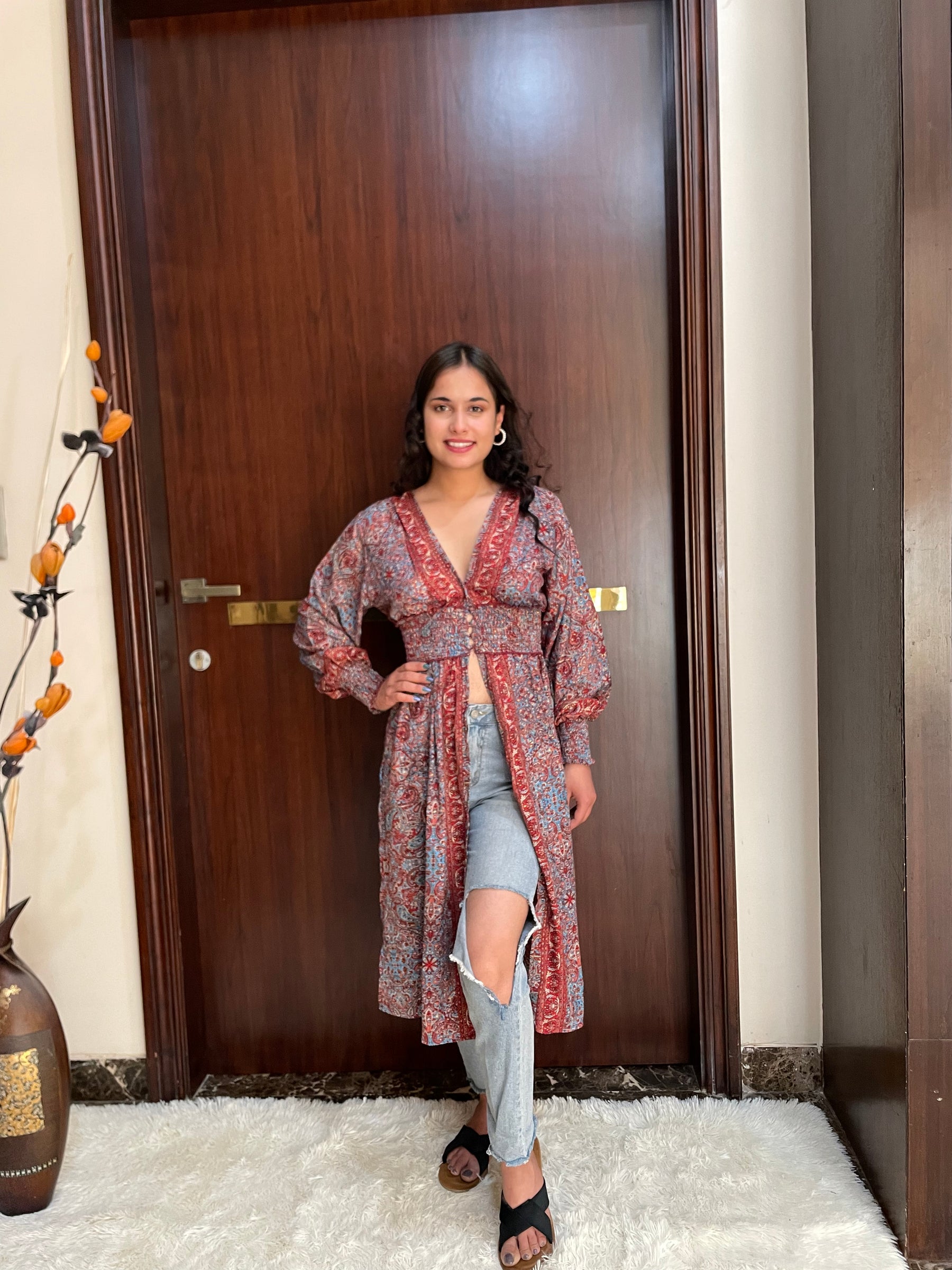 Middle Slit Boho Printed Long Top