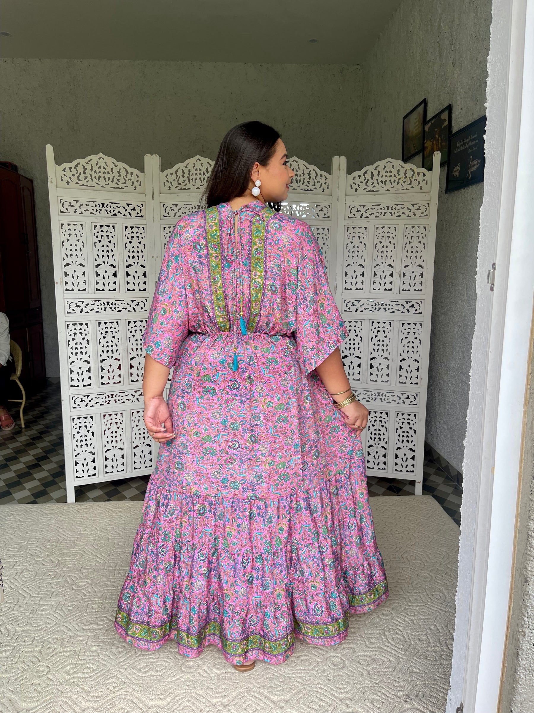 SmisingBee Curve Kaftan Pattern Boho Printed Maxi Dress - Pink Petal