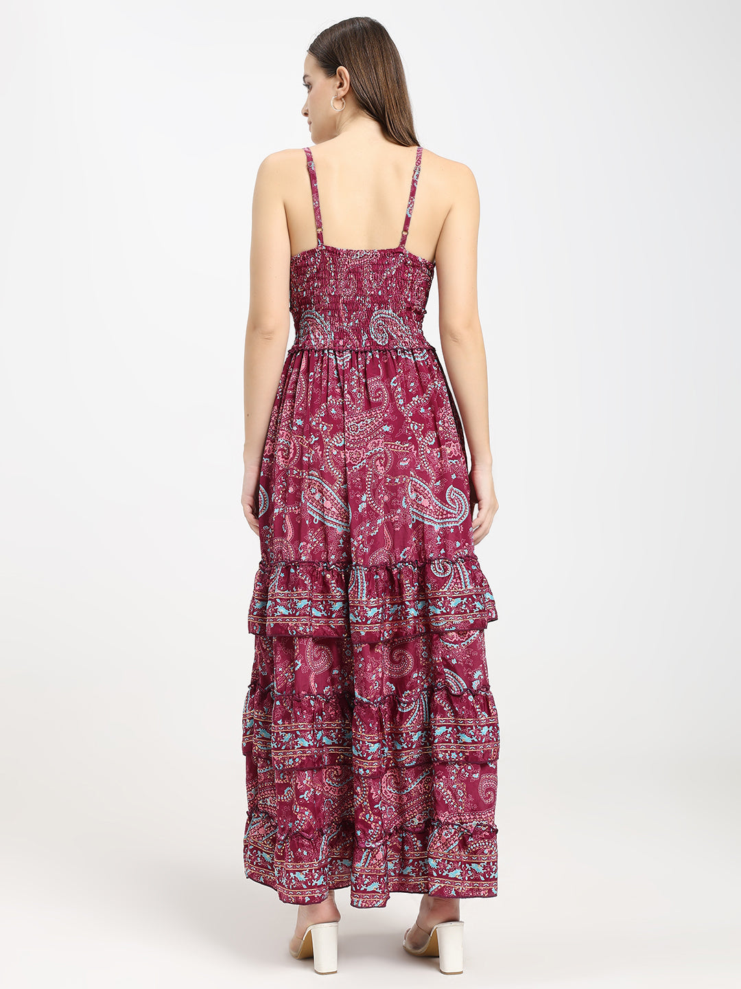 V Neck Boho Printed Embroidery Hand Work Breeze Maxi Dress- Berry Bloom