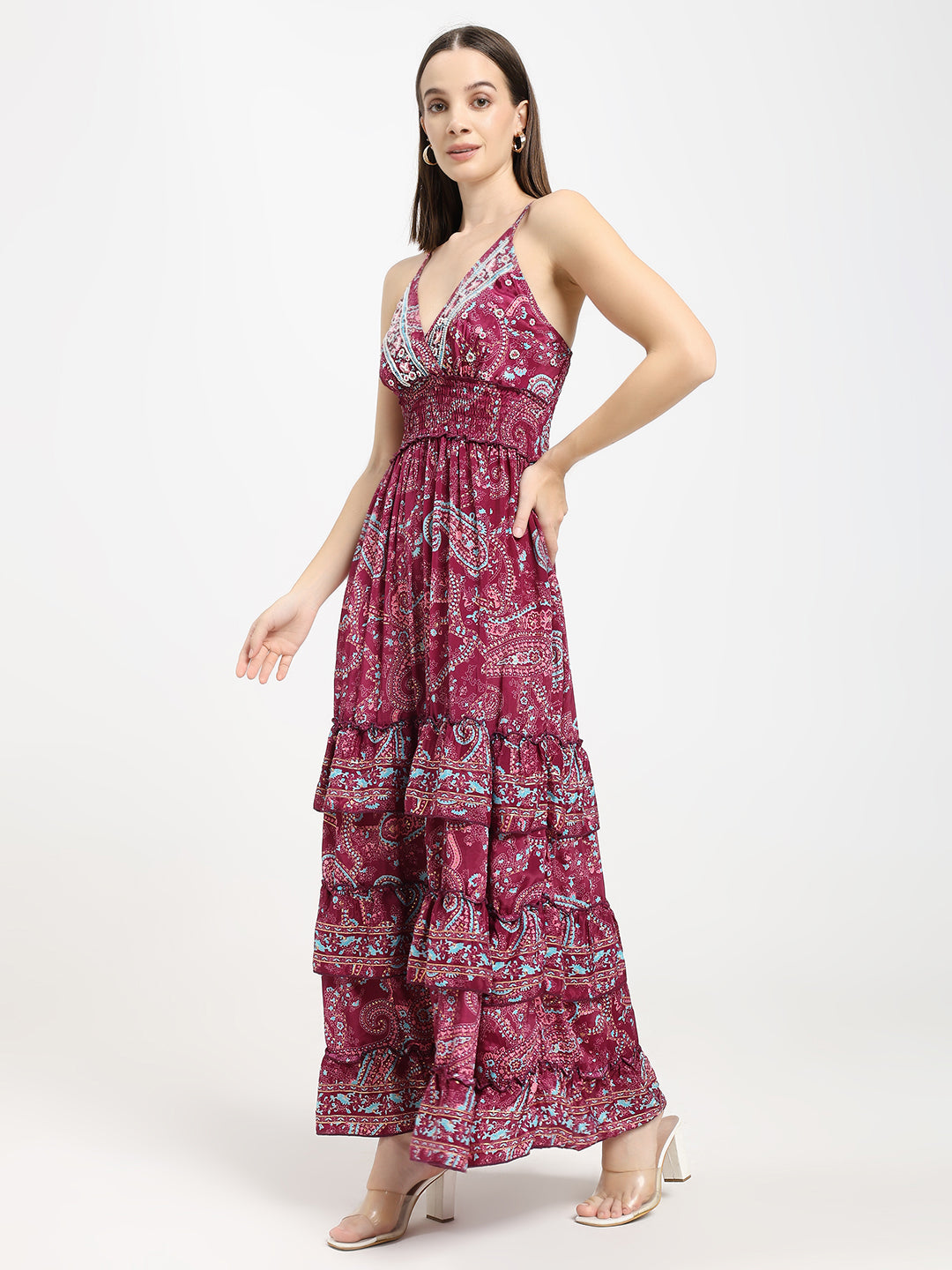 V Neck Boho Printed Embroidery Hand Work Breeze Maxi Dress- Berry Bloom