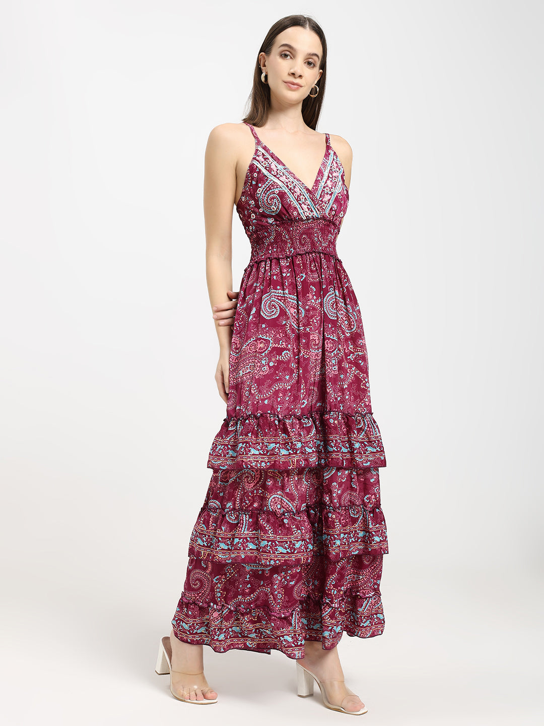 V Neck Boho Printed Embroidery Hand Work Breeze Maxi Dress- Berry Bloom