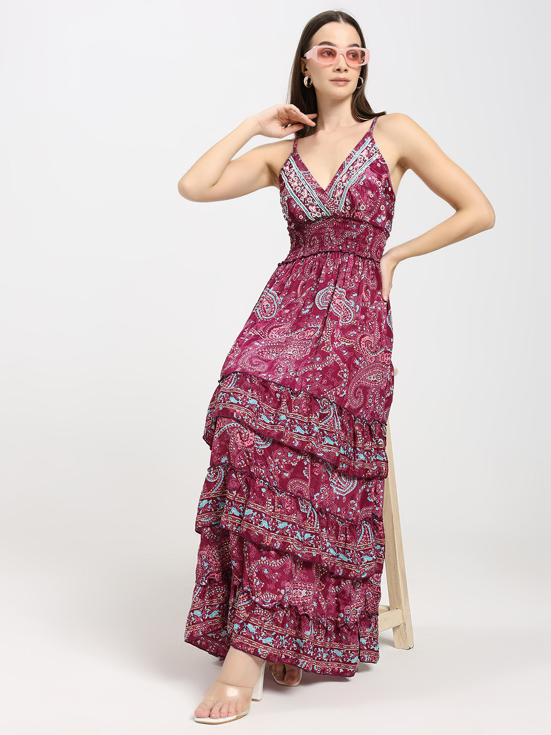 V Neck Boho Printed Embroidery Hand Work Breeze Maxi Dress- Berry Bloom