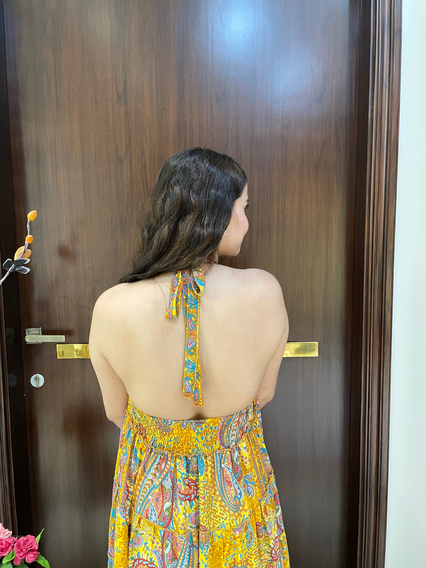 Halter Neck Multi Panel Boho printed Maxi Dress In Yellow