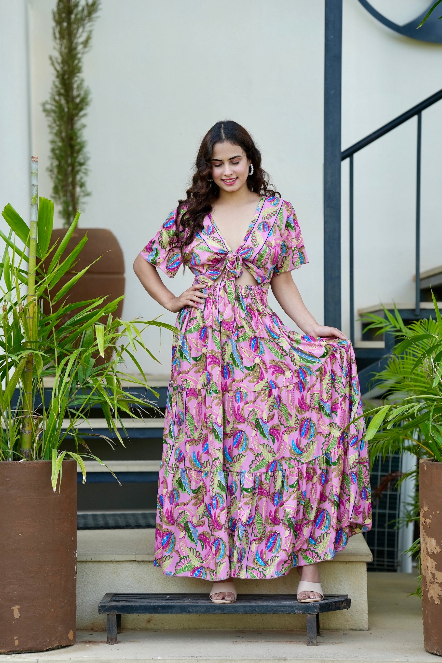 Tie front ruffle hem gold(foil) print featured maxi dress- Candyfloss Smisingbee