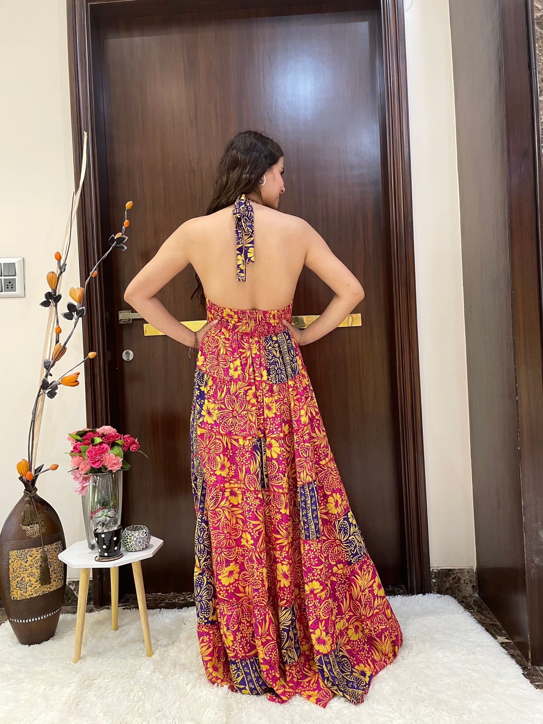 Halter Neck Multi Panel Boho printed Maxi Dress In Red and Blue