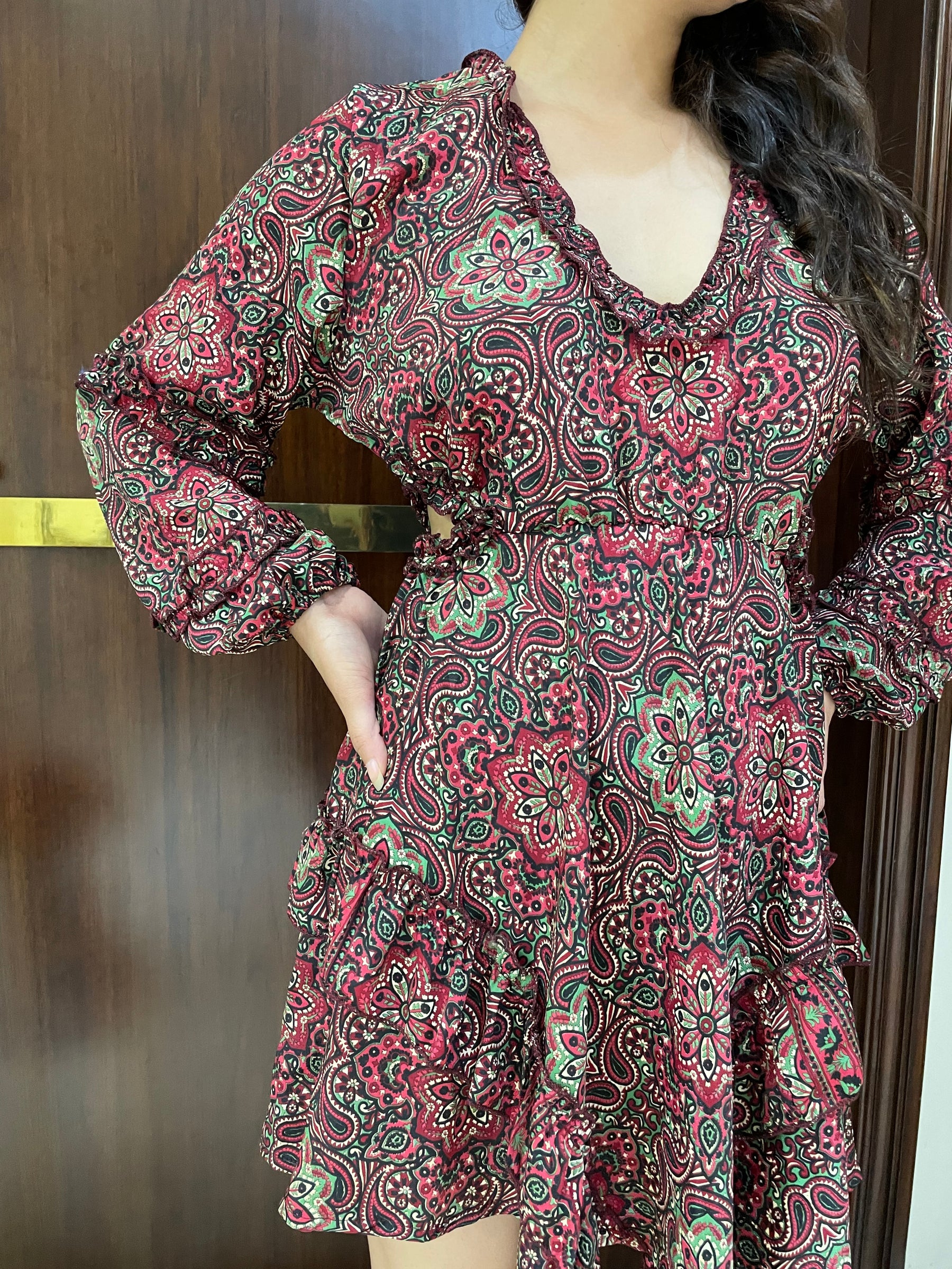 Multi Frill Cut Out Boho Print Short Dress- Red