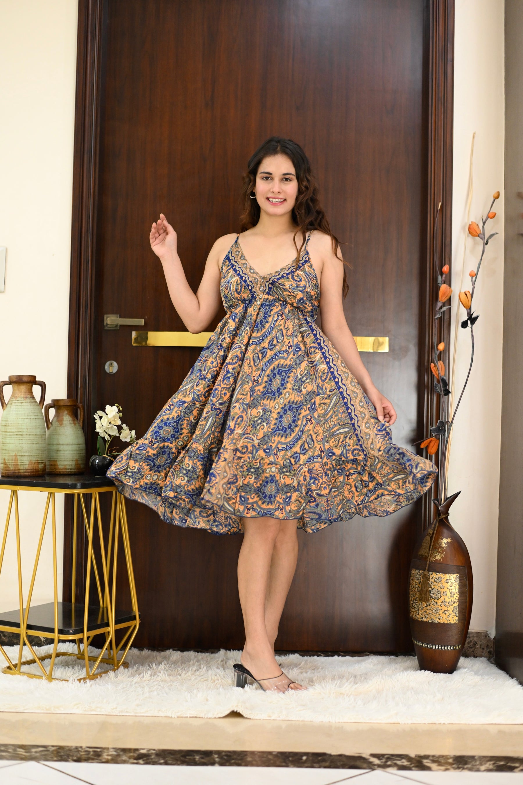 Ruffle Hem Boho Printed Short Dress - Rusty Wave
