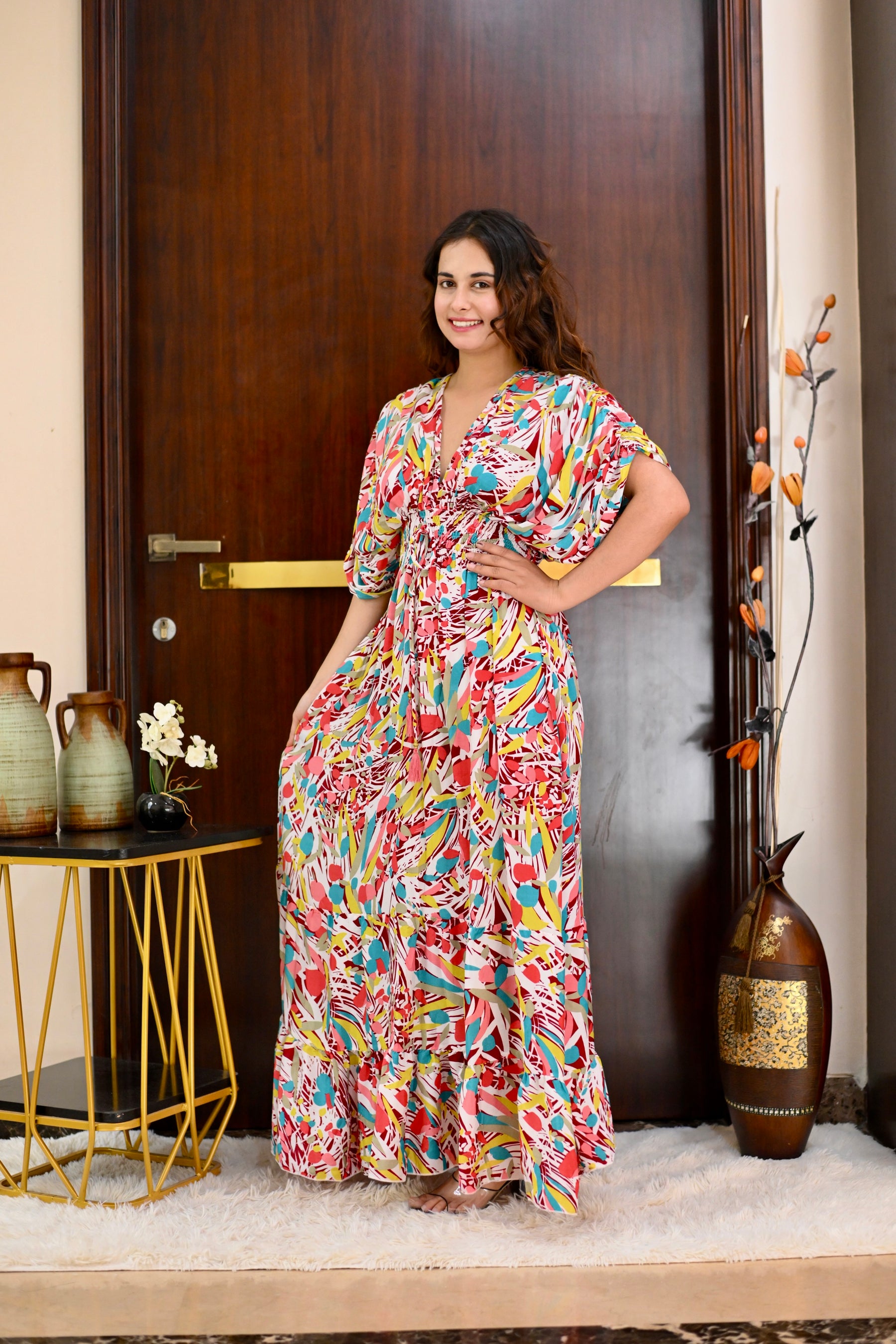 Ballon Pattern Boho Printed Maxi Dress - Rosy Elegance