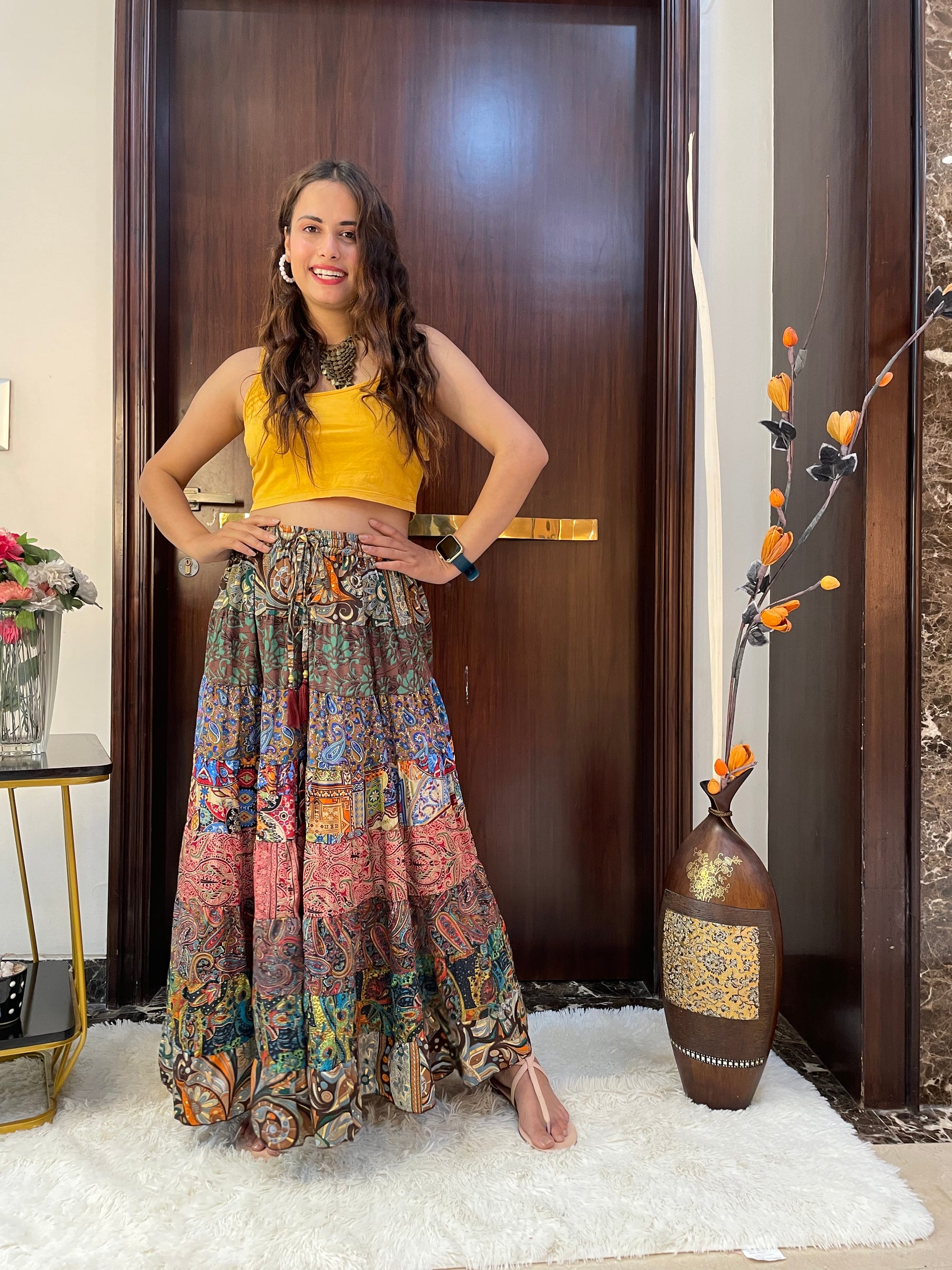 Multi Panel Boho Printed Long Skirt - Chromatic Nightfall