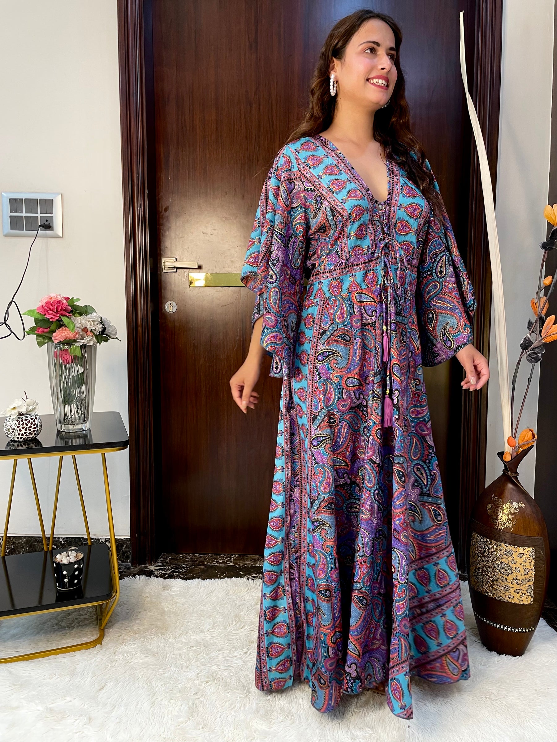 Bell Sleeves Criss Cross Front Boho Printed Maxi Dress -Violet Twilight Whimsy