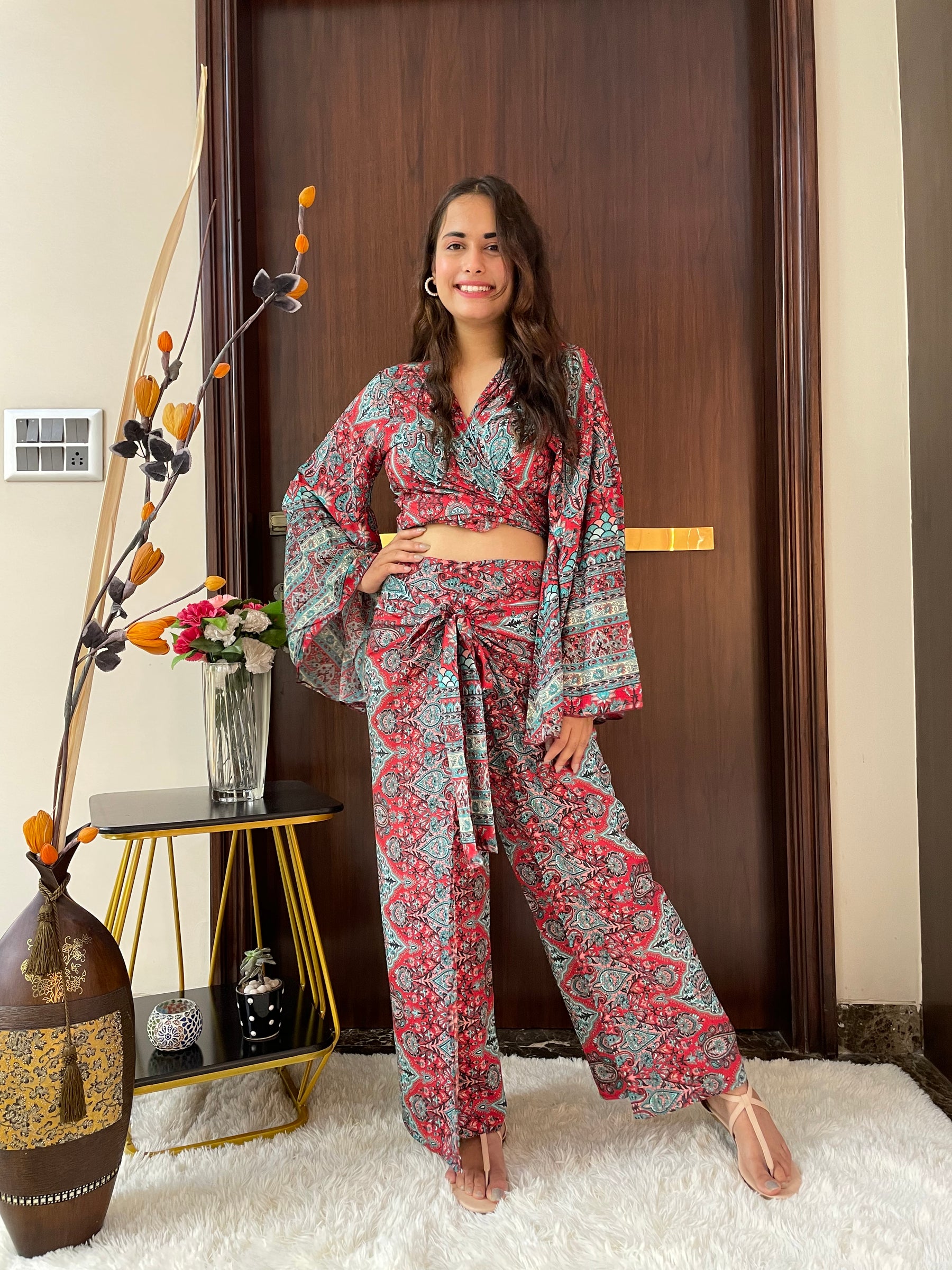Boho Printed Wrap Trouser - Red