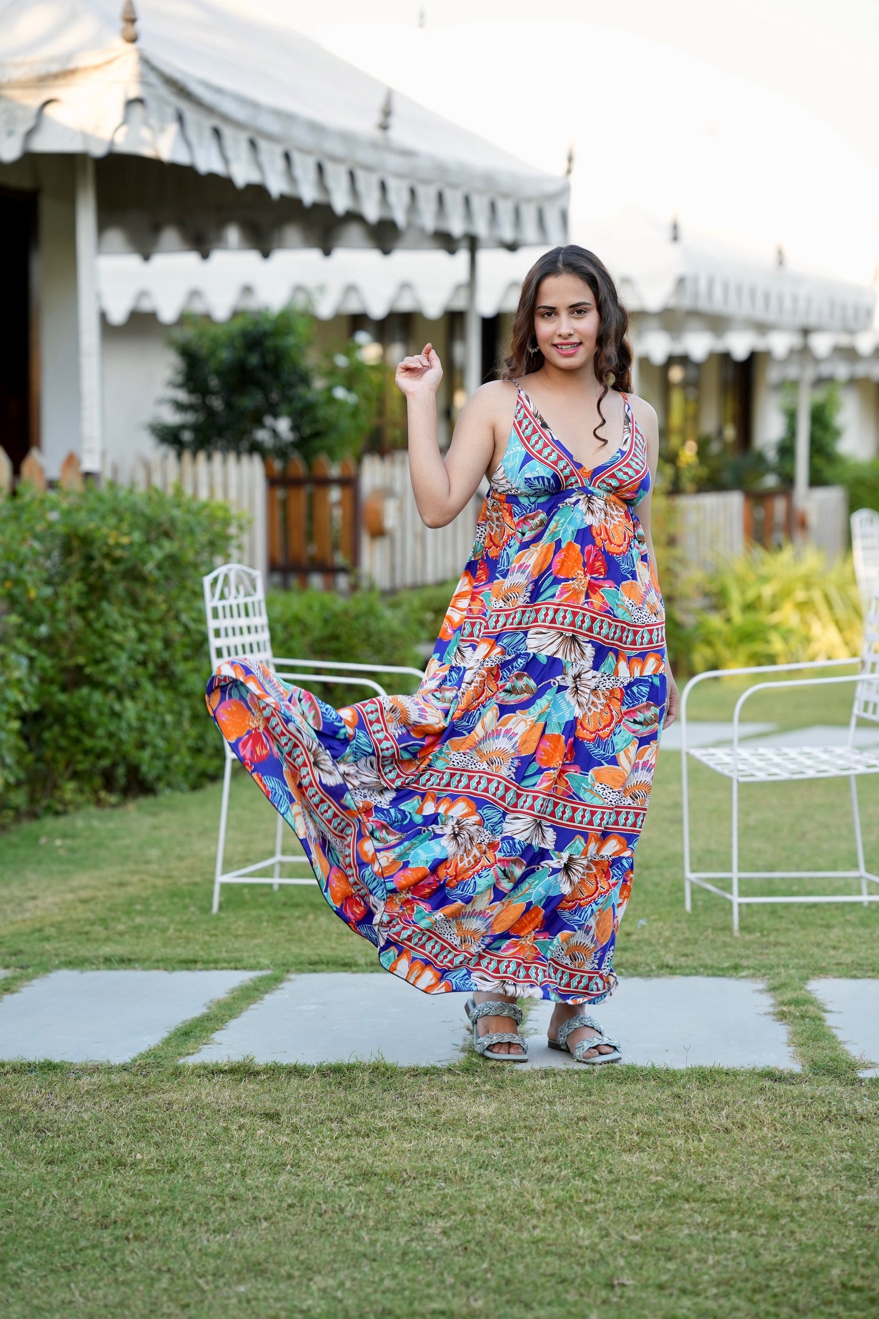 Multi Panel Boho Printed Maxi Dress - Blue Patel