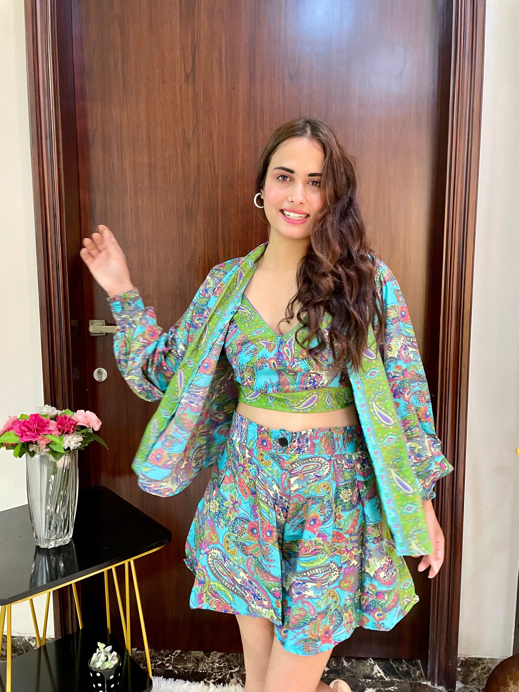 Puff Sleeves Kimono and Shorts Coordinate Set (3 Piece)- Tropical Teal