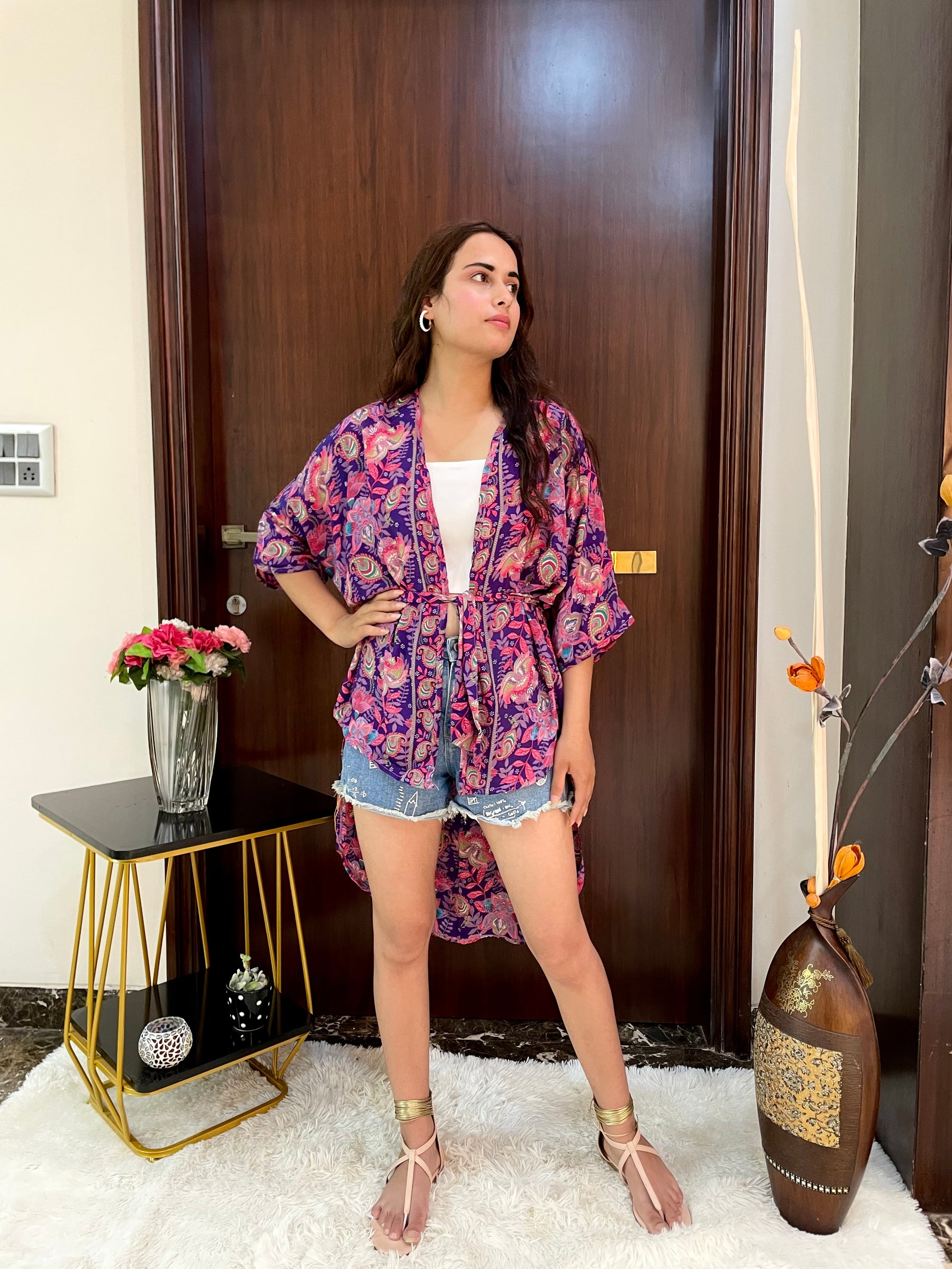 Asymmetric Boho Printed Kimono - Purple Dream