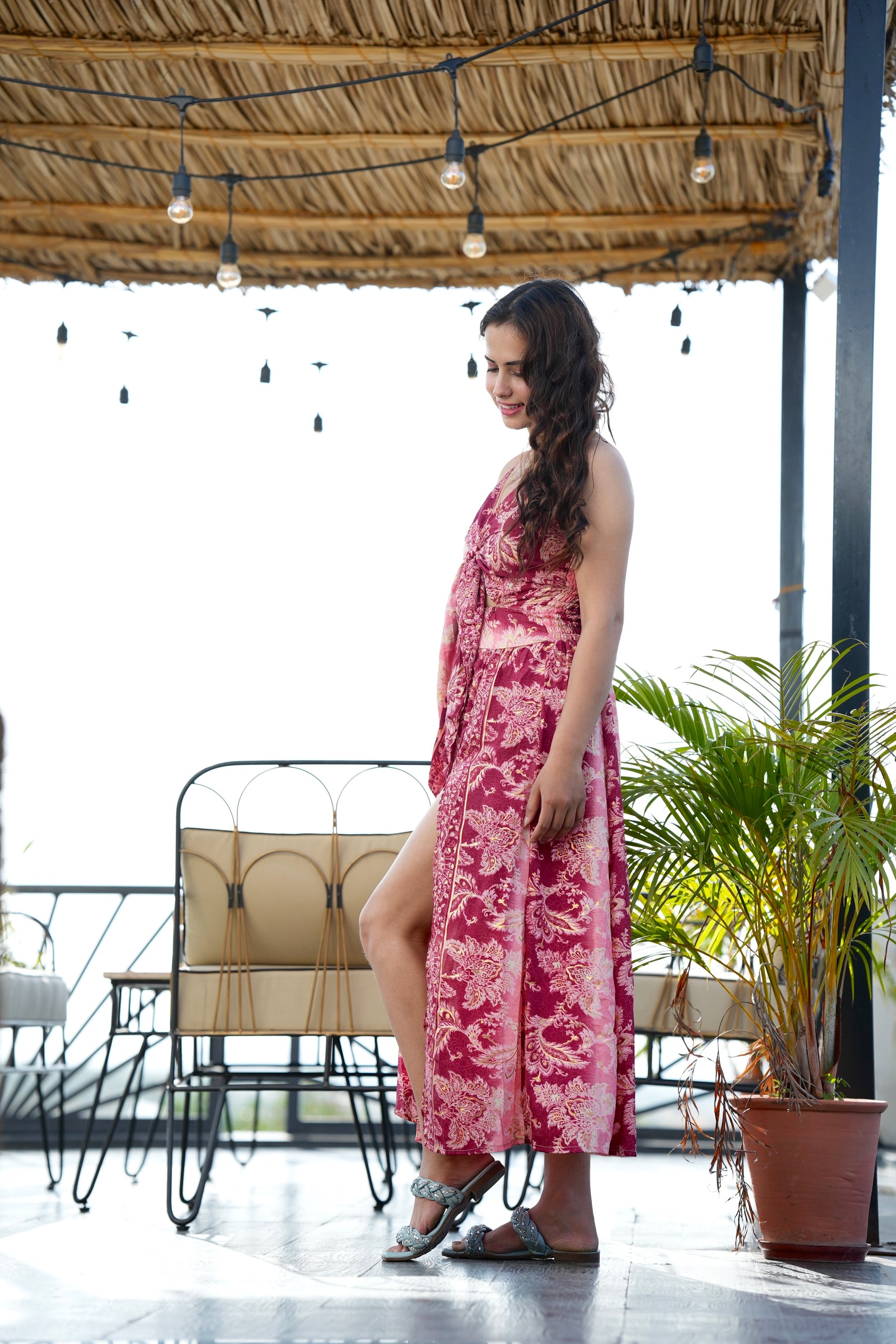 Tie Front Side Slit Boho Maxi Dress - Blusing Elegance