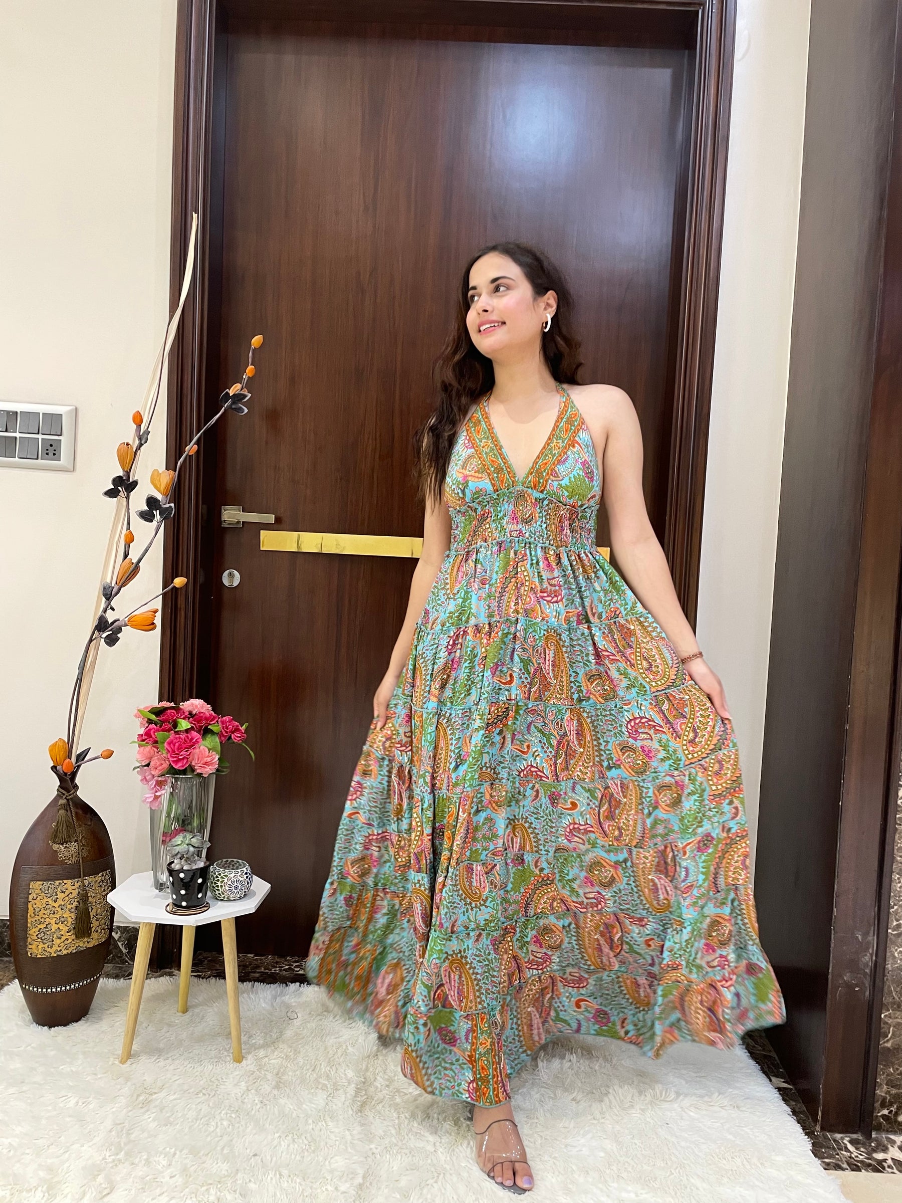 Halter Neck Multi Panel Boho printed Maxi Dress In Blue