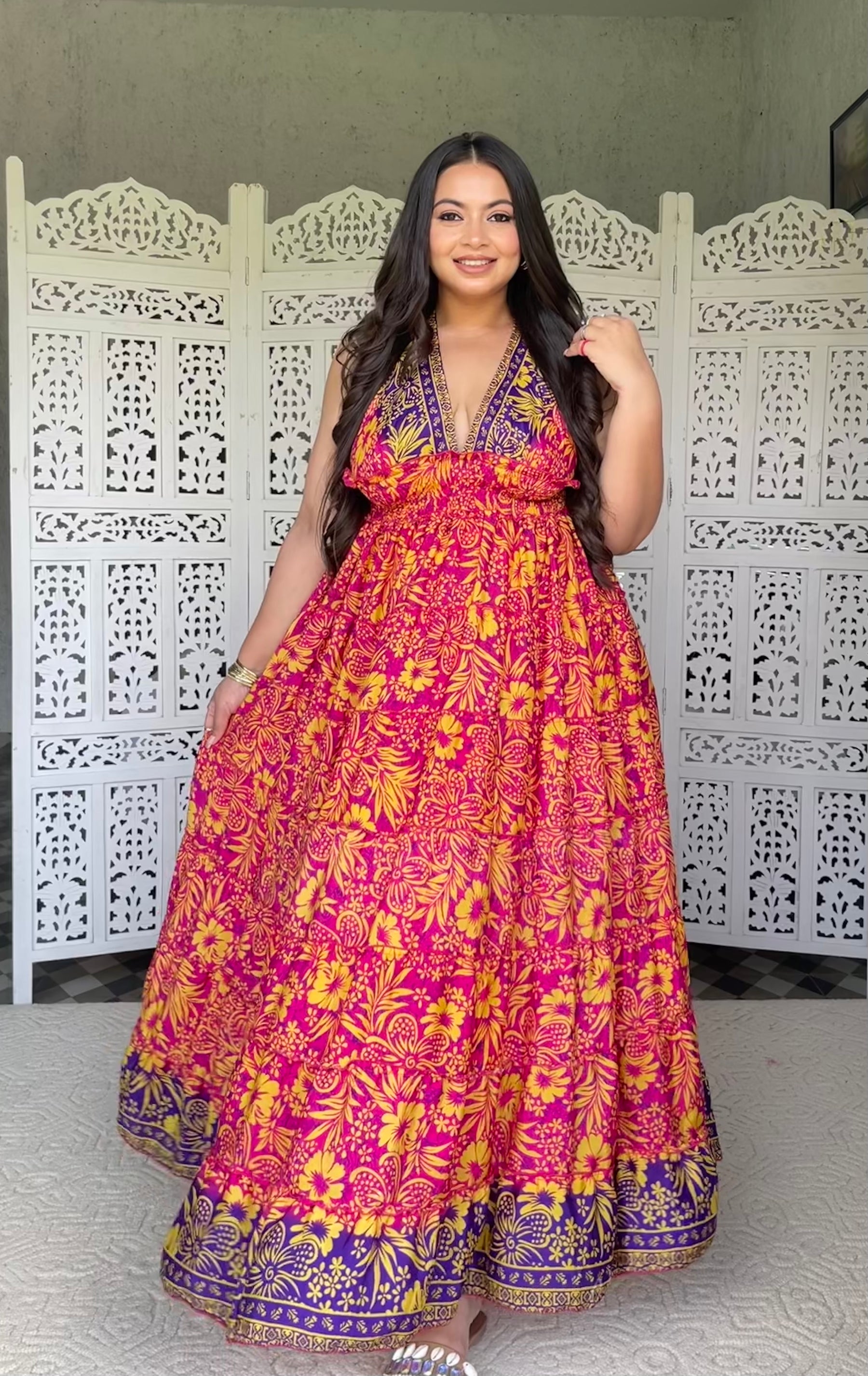 Halter Neck Multi Panel Boho printed Maxi Dress - Sunset Splendor