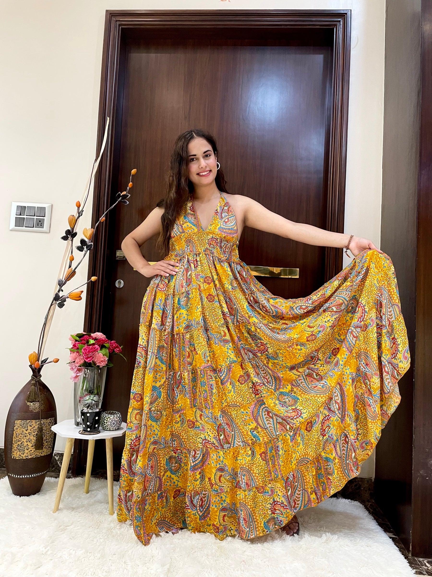 Halter Neck Multi Panel Boho printed Maxi Dress In Yellow