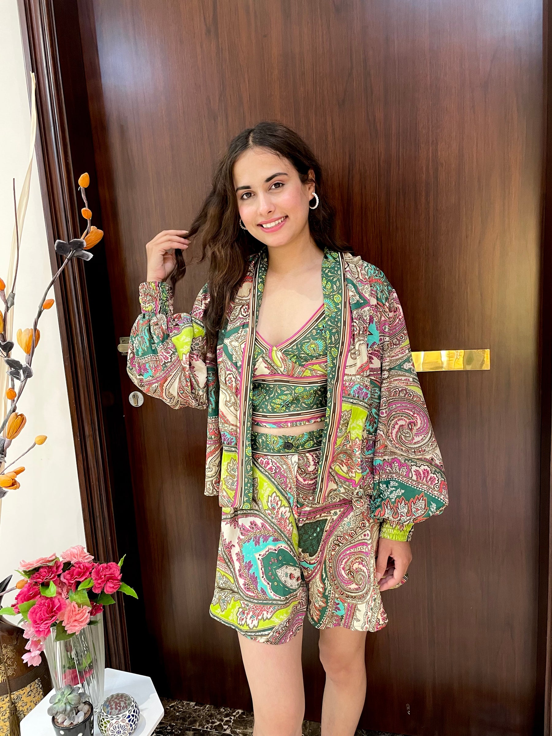 Puff Sleeves Kimono and Shorts Coordinate Set (3 Piece)- Green