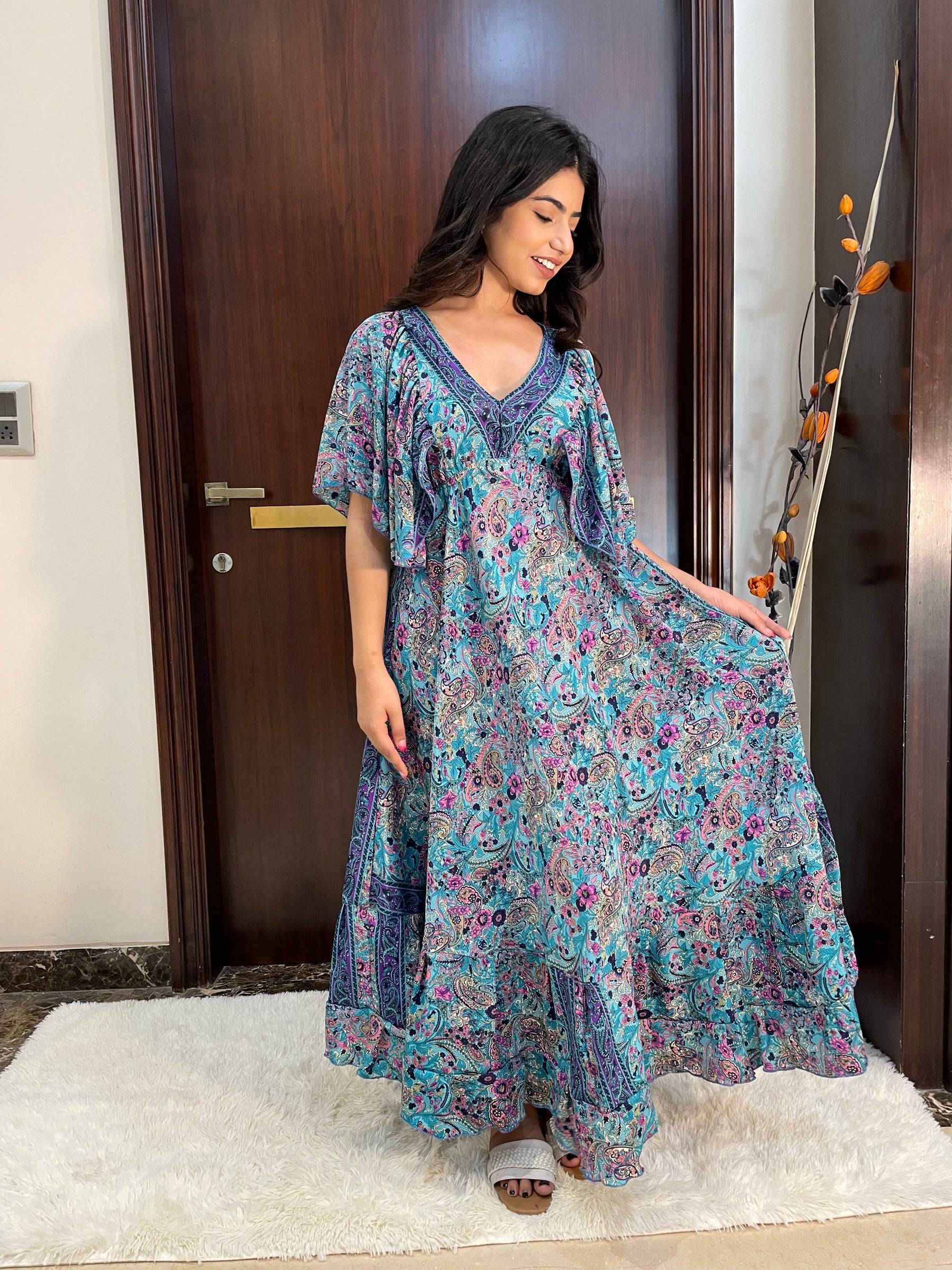 Deep V neck gold (foil) print featured boho maxi dress-Smisingbee