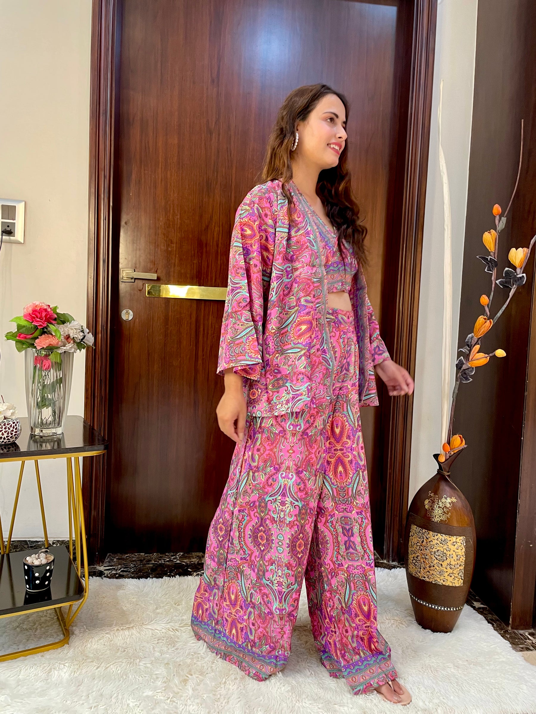 Boho Printed Bell Sleeves Kimono Coordinate Set - Rosy Blush
