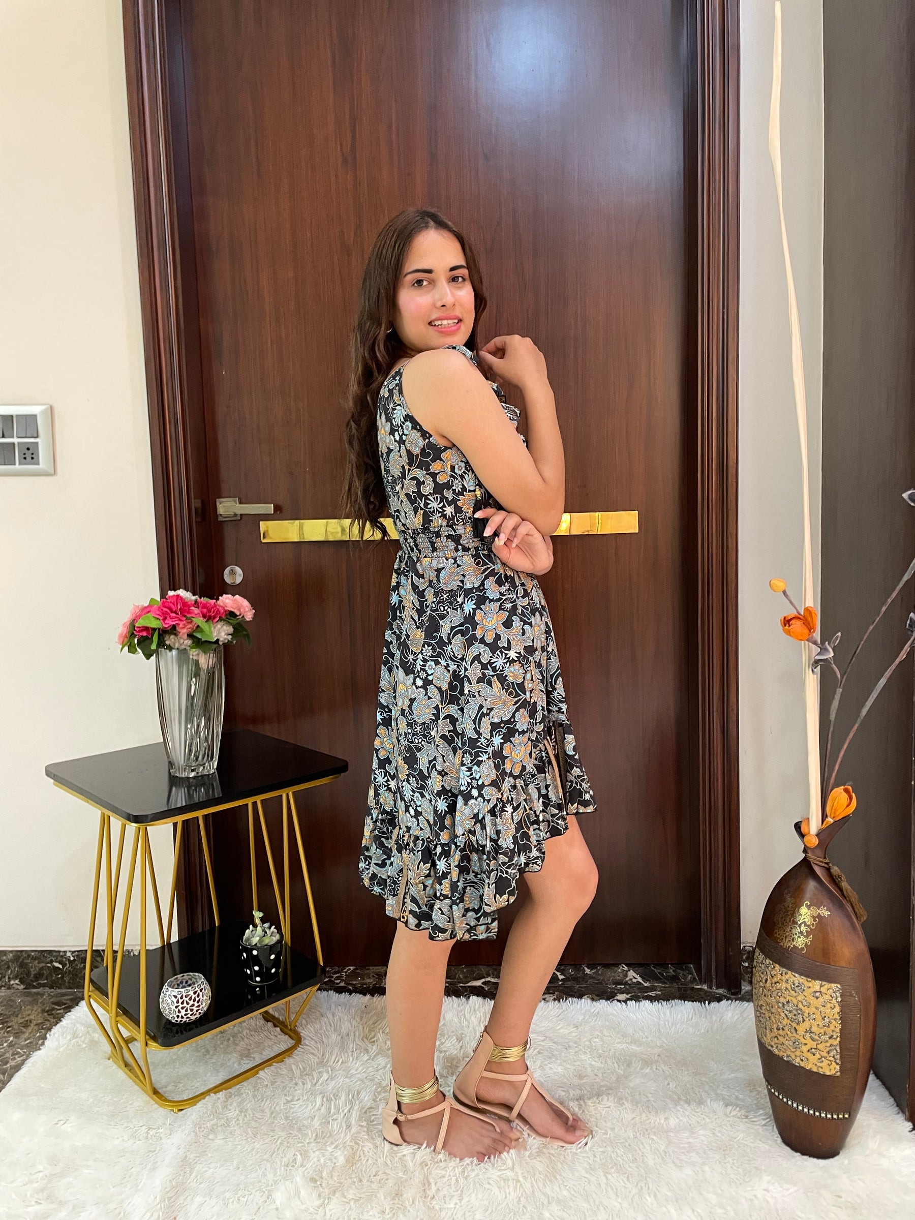 Frilled Flair Boho Printed Short Dress- Black