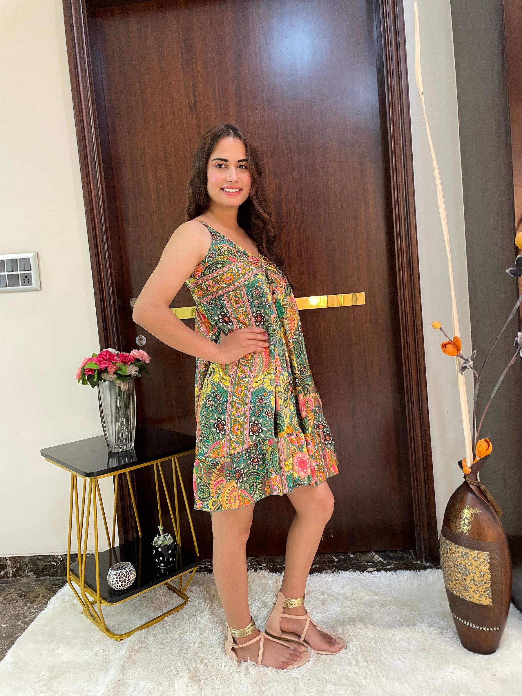 Ruched Bust Boho Printed Short Dress - Lime Sunshine