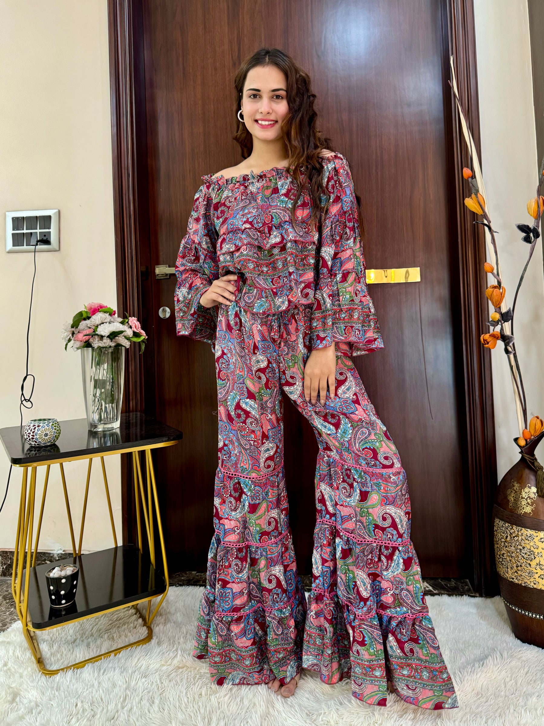 Off- Shoulder Top and Multi Panel Palazzo Coordinate Set