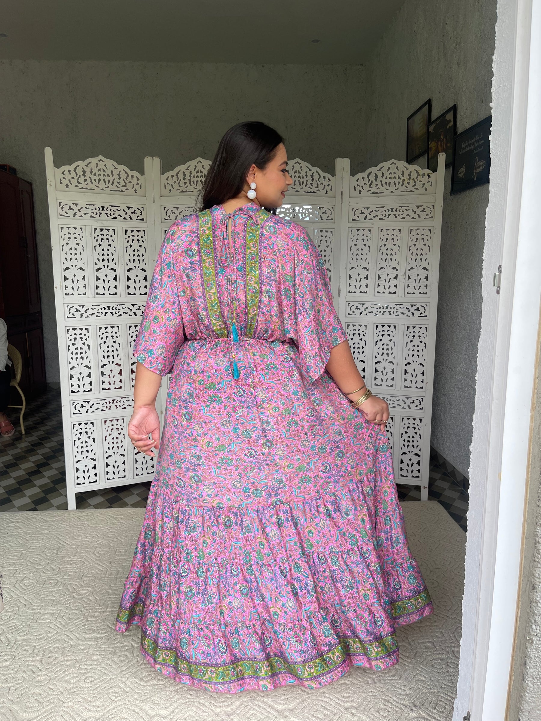 SmisingBee Curve Kaftan Pattern Boho Printed Maxi Dress - Pink Petal